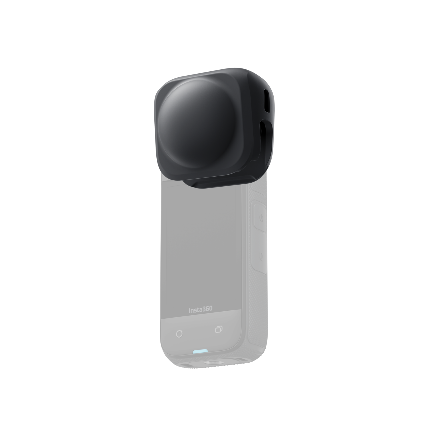 Zwarte Insta360 camera met zwarte lensdop, zwarte achtergrond.