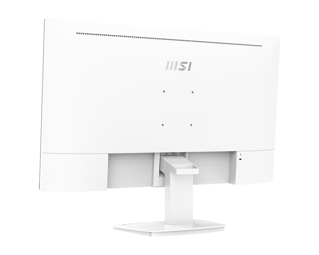 Fehér MSI monitor, hátulnézet, állvánnyal és portokkal.