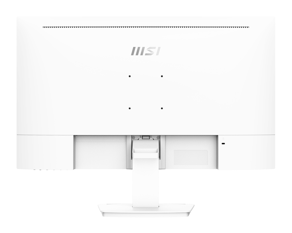 Egy fehér MSI monitor hátulja. Állvánnyal, portokkal és bekapcsológombbal rendelkezik.
