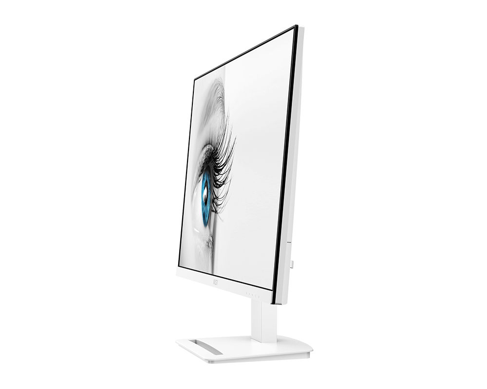 Fehér számítógép monitor oldalnézetben. Egy kék szem közeli képét mutatja hosszú szempillákkal.