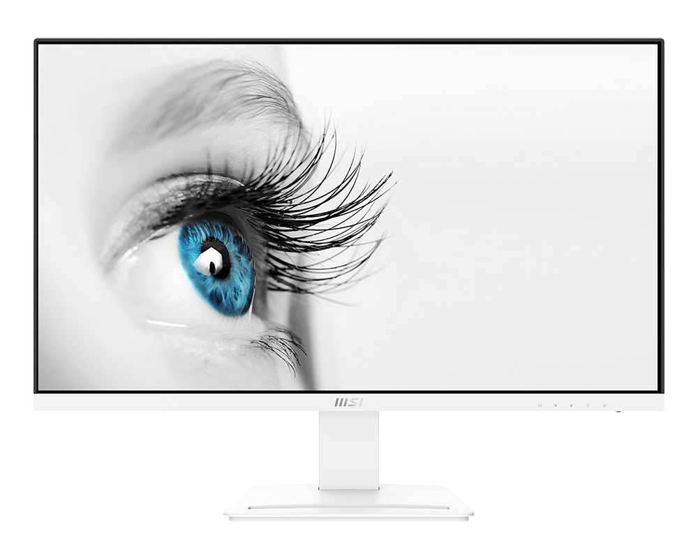 Egy fehér monitor közeli képe, amely egy kék szemet mutat hosszú szempillákkal és fehér háttérrel.