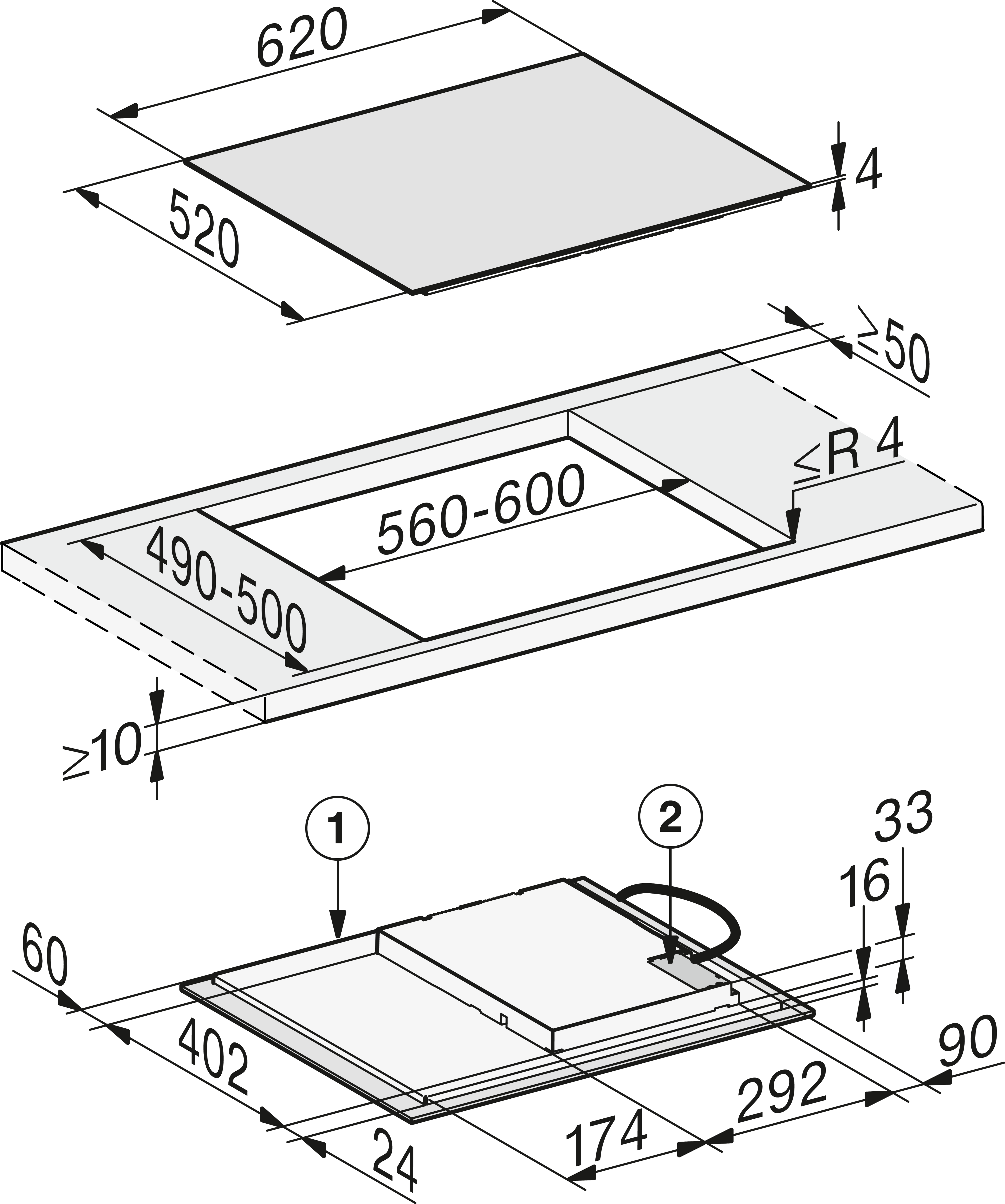 Diagramma elektromos főzőlaphoz méretekkel és feliratokkal.