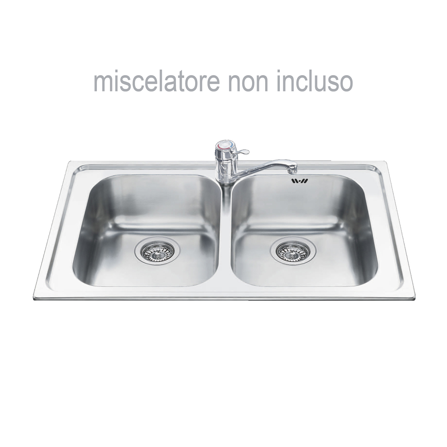 Un lavello doppio in acciaio inox con rubinetto. Il testo sopra dice 'miscelatore non incluso'.