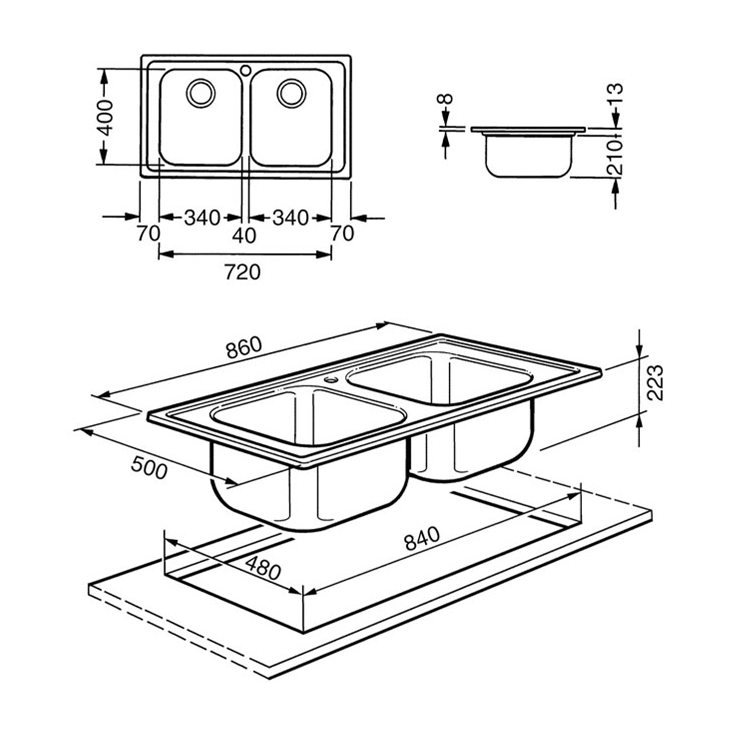 Diagramma che mostra un doppio lavello dall'alto e lateralmente con dimensioni.
