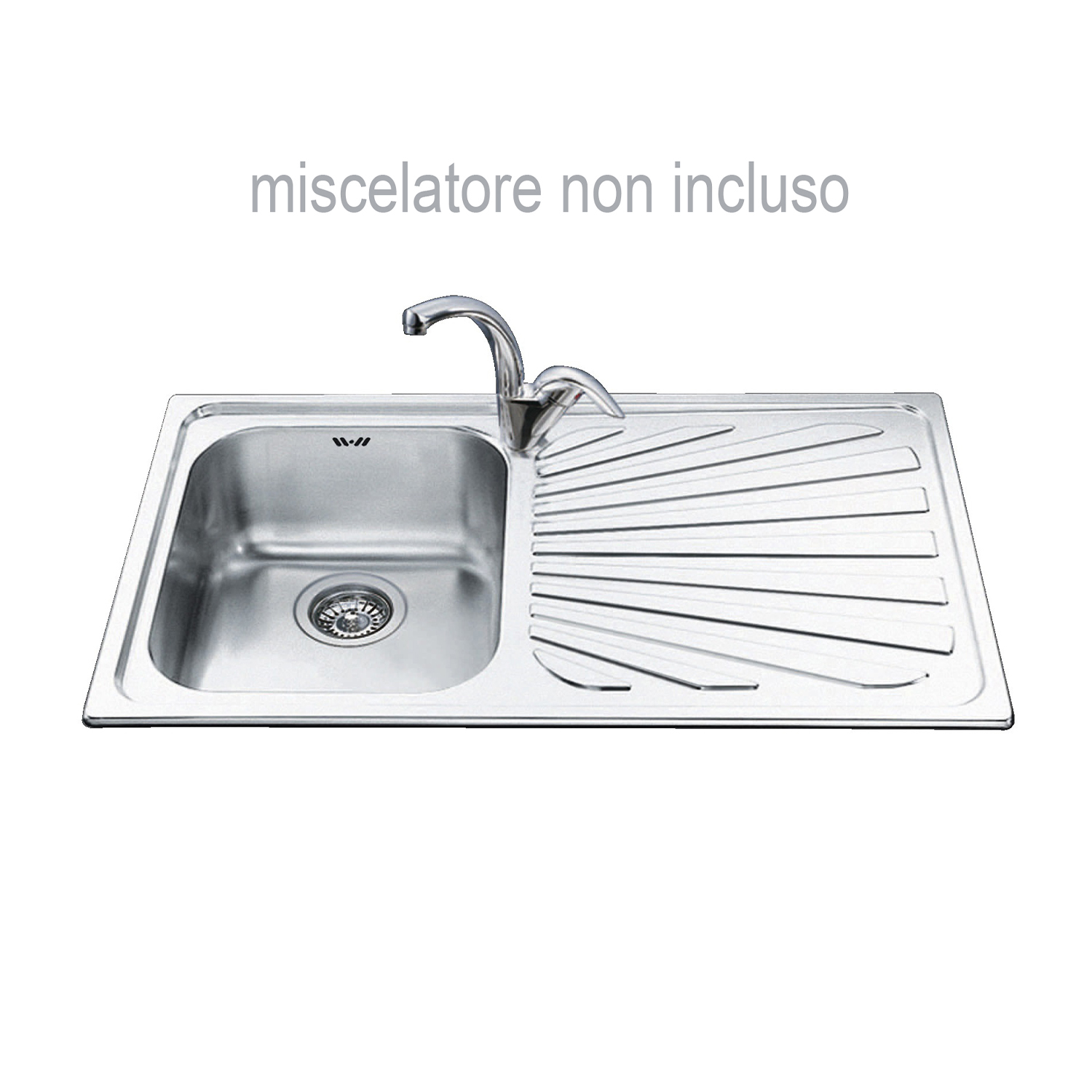 Lavello da cucina in acciaio inox con rubinetto. Testo: miscelatore non incluso.