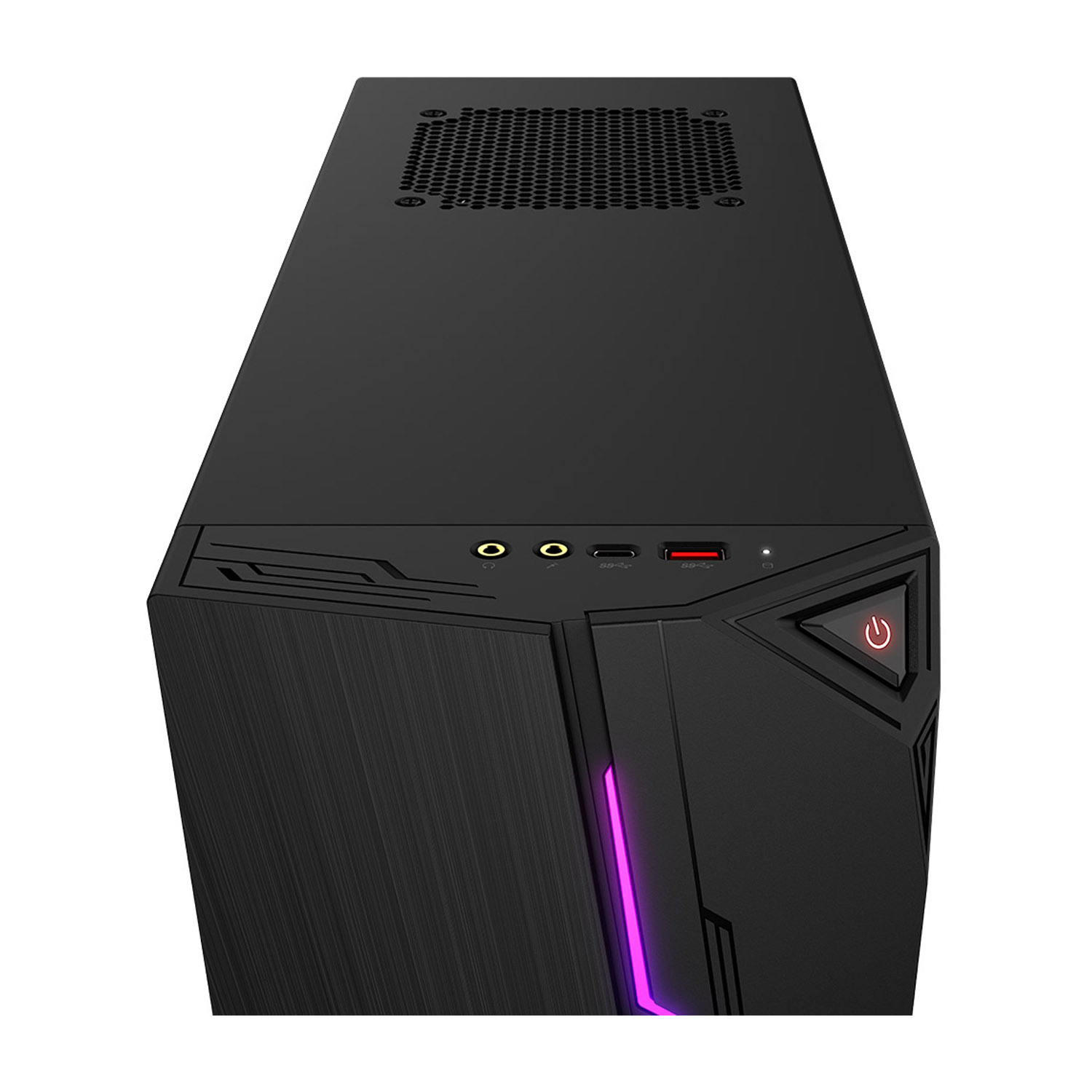 Case per computer nero con pulsante di accensione rosso e luce viola.