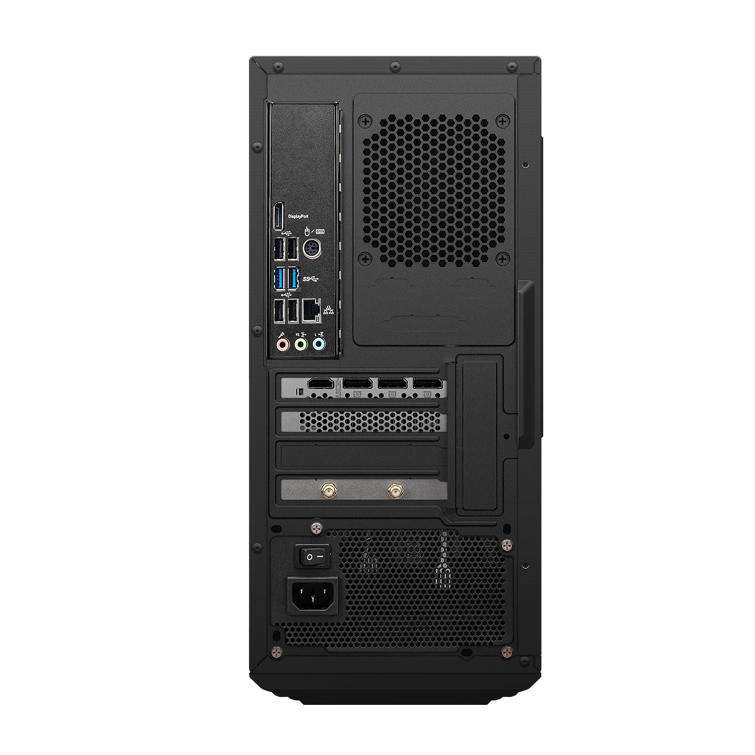 Retro di un computer desktop nero con porte e connettori. Ha una ventola e un alimentatore.