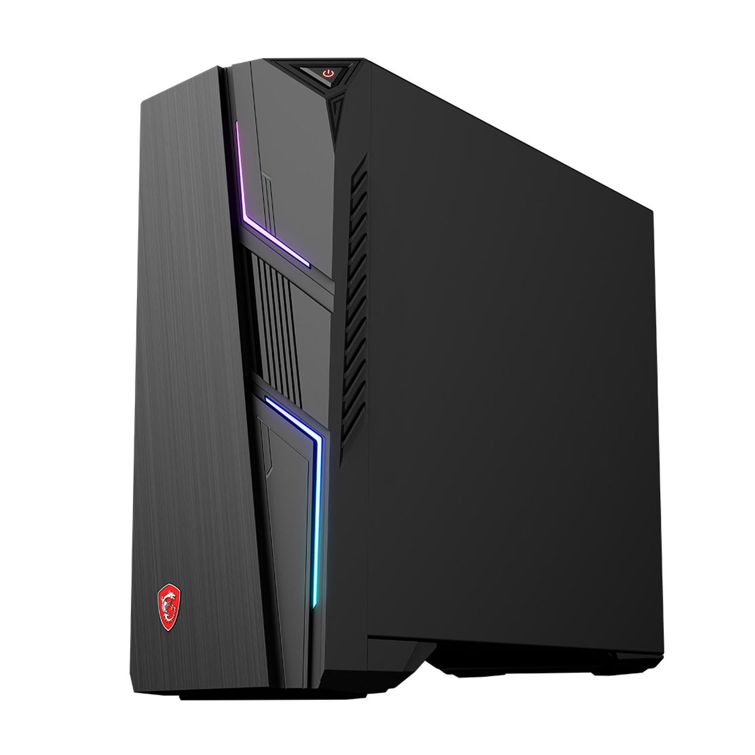 Un computer desktop nero. Ha un design stilizzato con illuminazione RGB. Logo MSI.