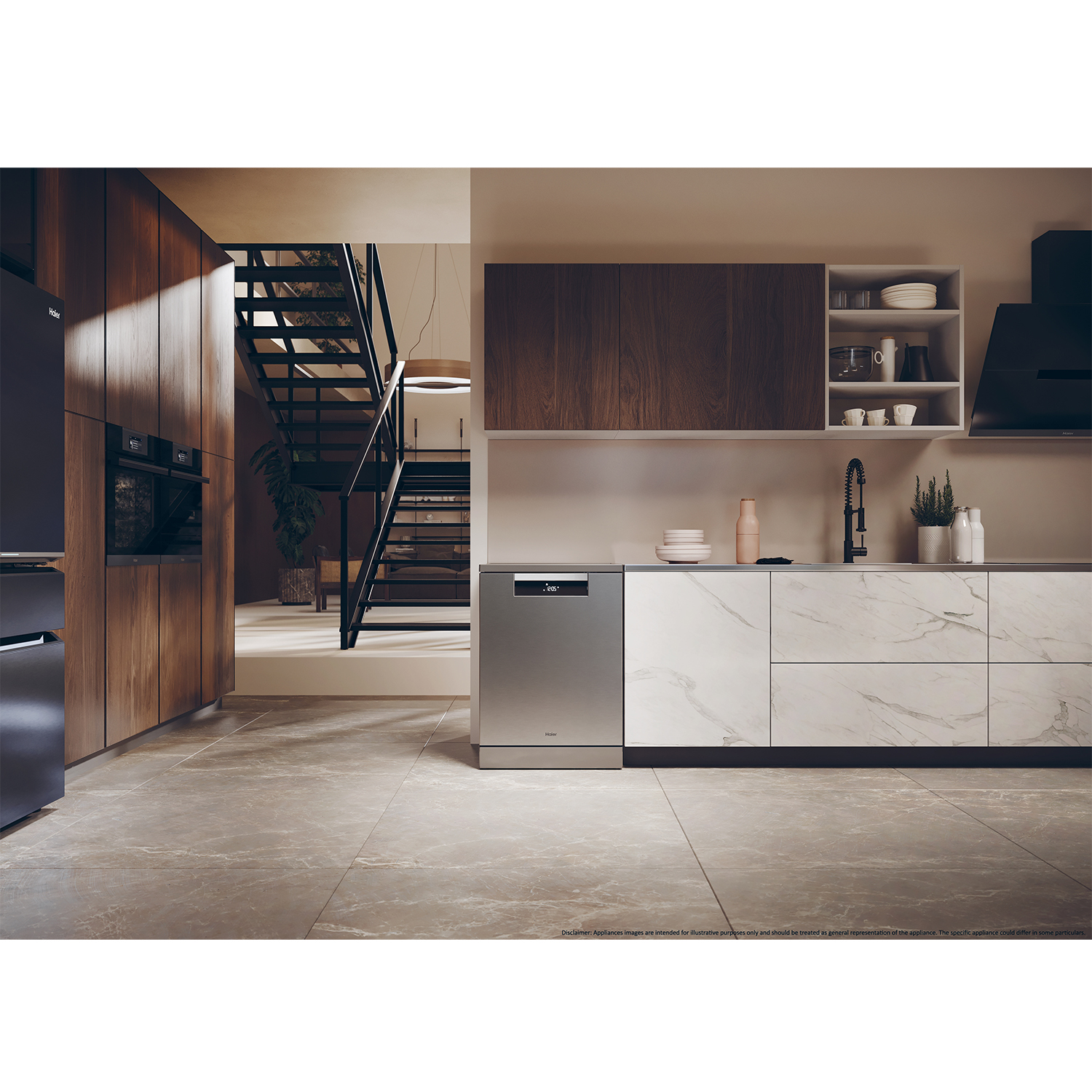 Interno cucina moderno con lavastoviglie, mobili in legno, piani di lavoro in marmo e scala sullo sfondo.