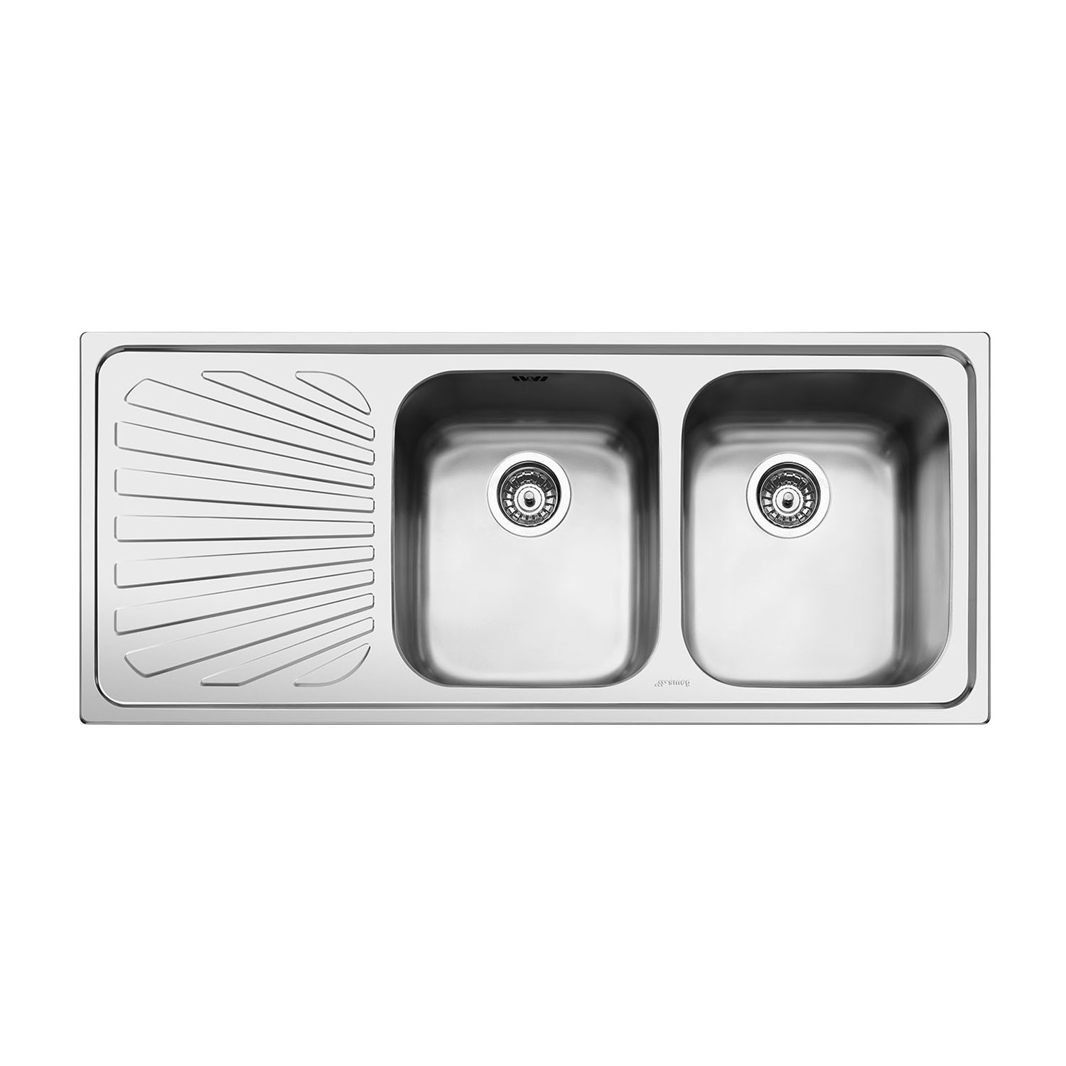 Lavello da cucina in acciaio inox con due vasche e uno scolapiatti.