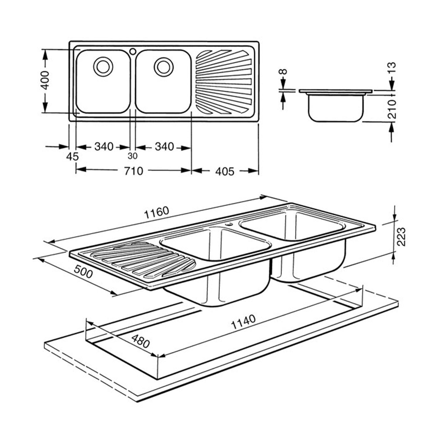 Diagramma di un lavello doppio con dimensioni, viste dall'alto e laterali.