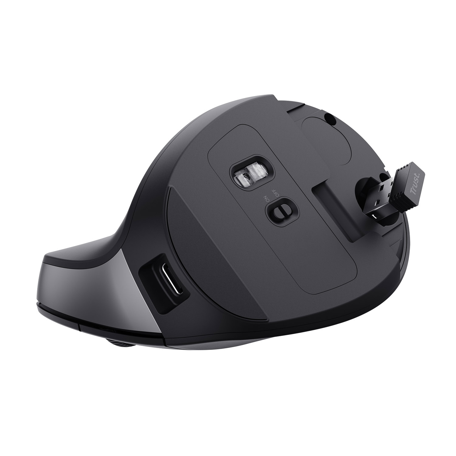 Un mouse nero con un ricevitore USB. Pulsanti e rotella visibili.