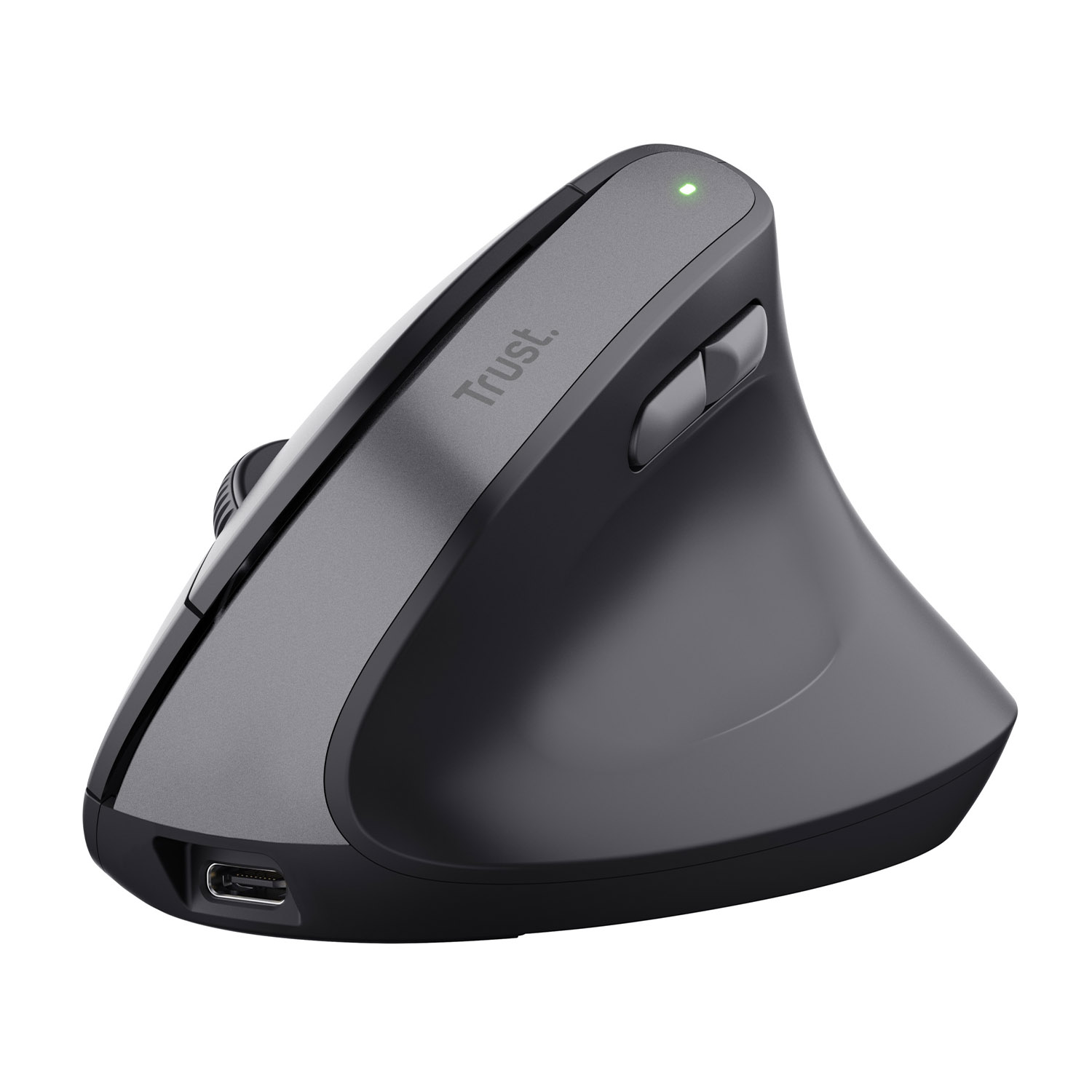 Mouse ergonomico nero e grigio con pulsanti, porta USB, luce verde.