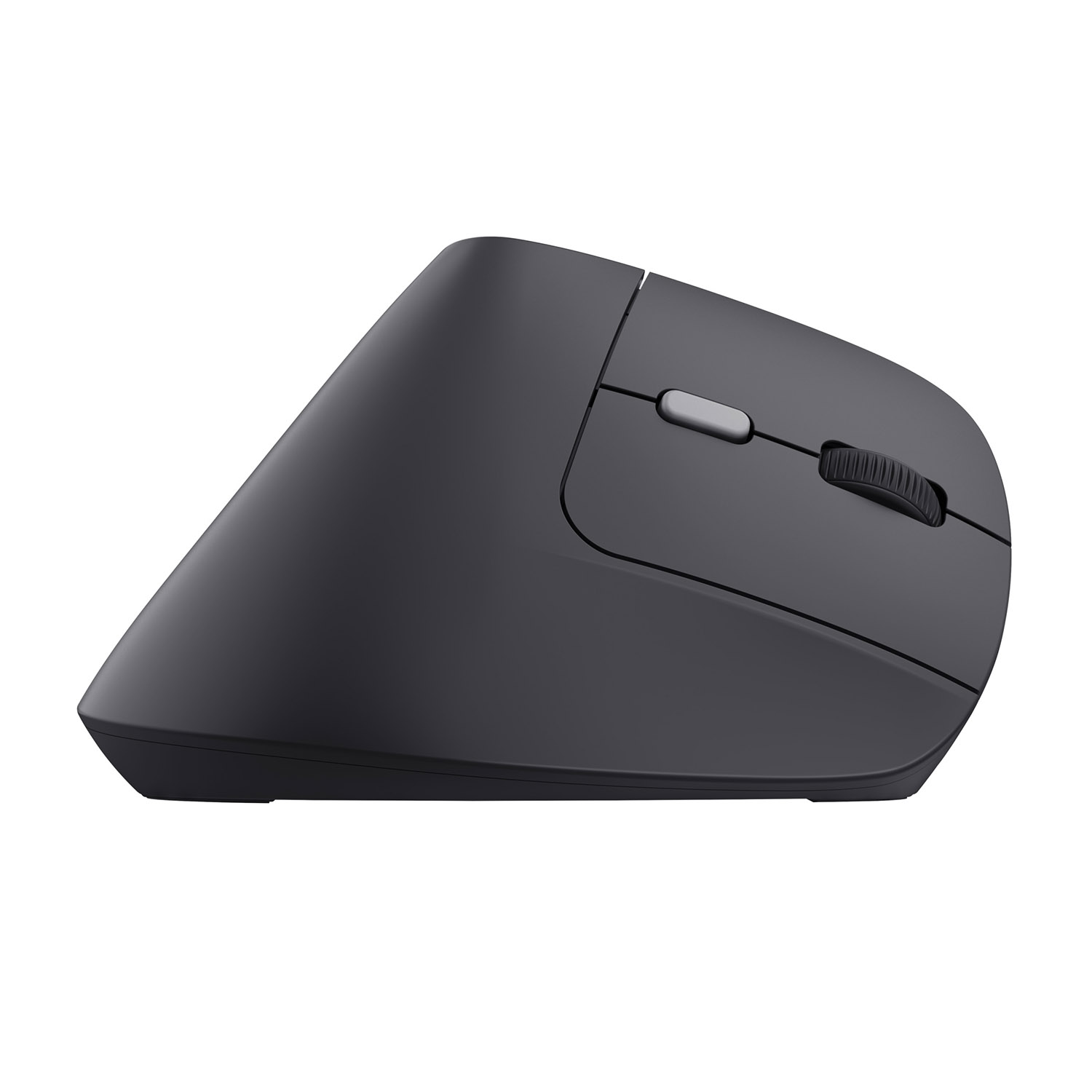 Mouse per computer ergonomico, grigio scuro. Ha una rotella di scorrimento e pulsanti, design verticale.