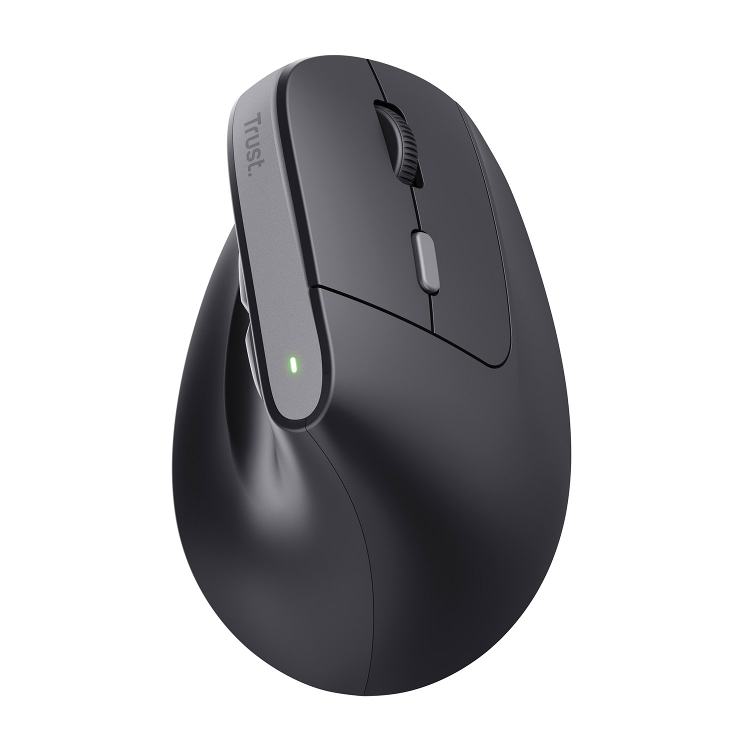Un mouse ergonomico nero con marchio Trust e rotella di scorrimento. Ha una luce verde.