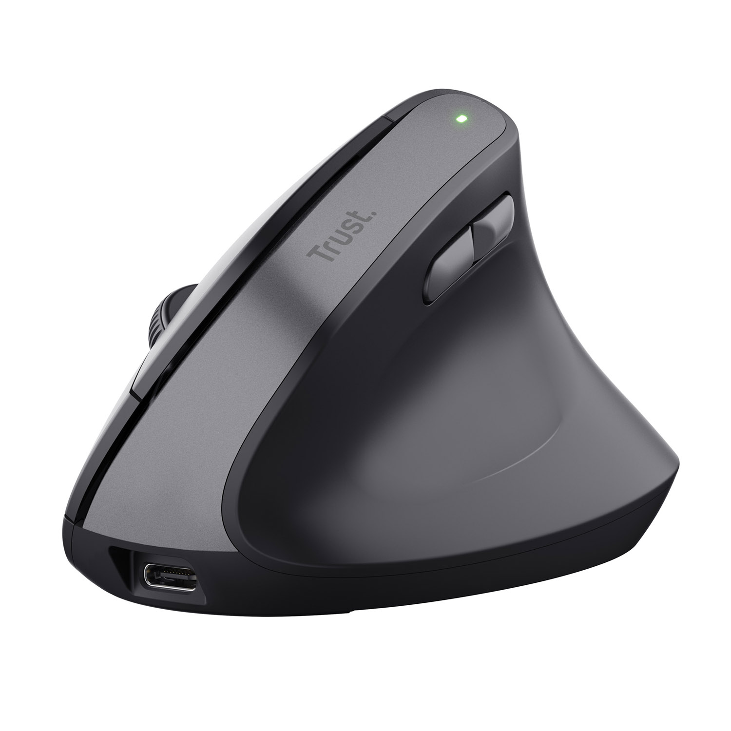 Mouse ergonomico nero con il marchio Trust su sfondo bianco.