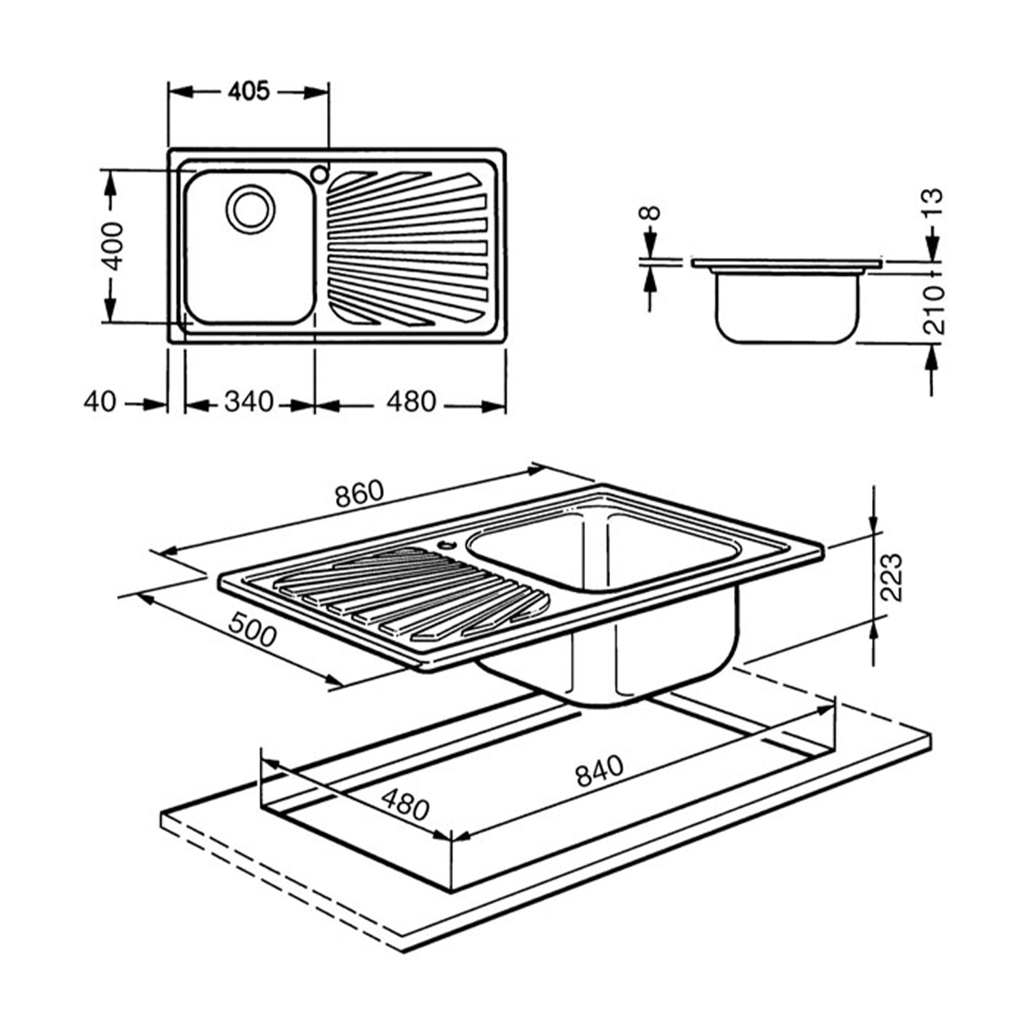 Diagramma di un lavandino con misure.