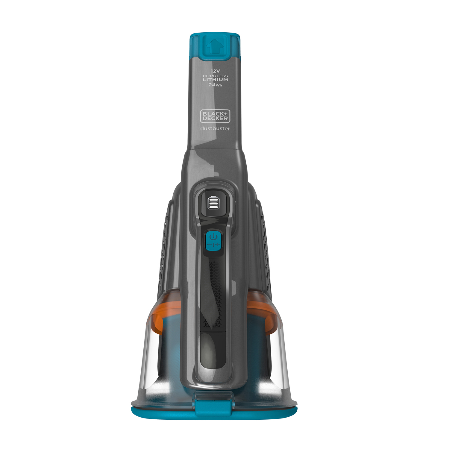 Aspirapolvere Dustbuster Black+Decker nero e grigio, con dettagli blu e arancioni, su bianco.