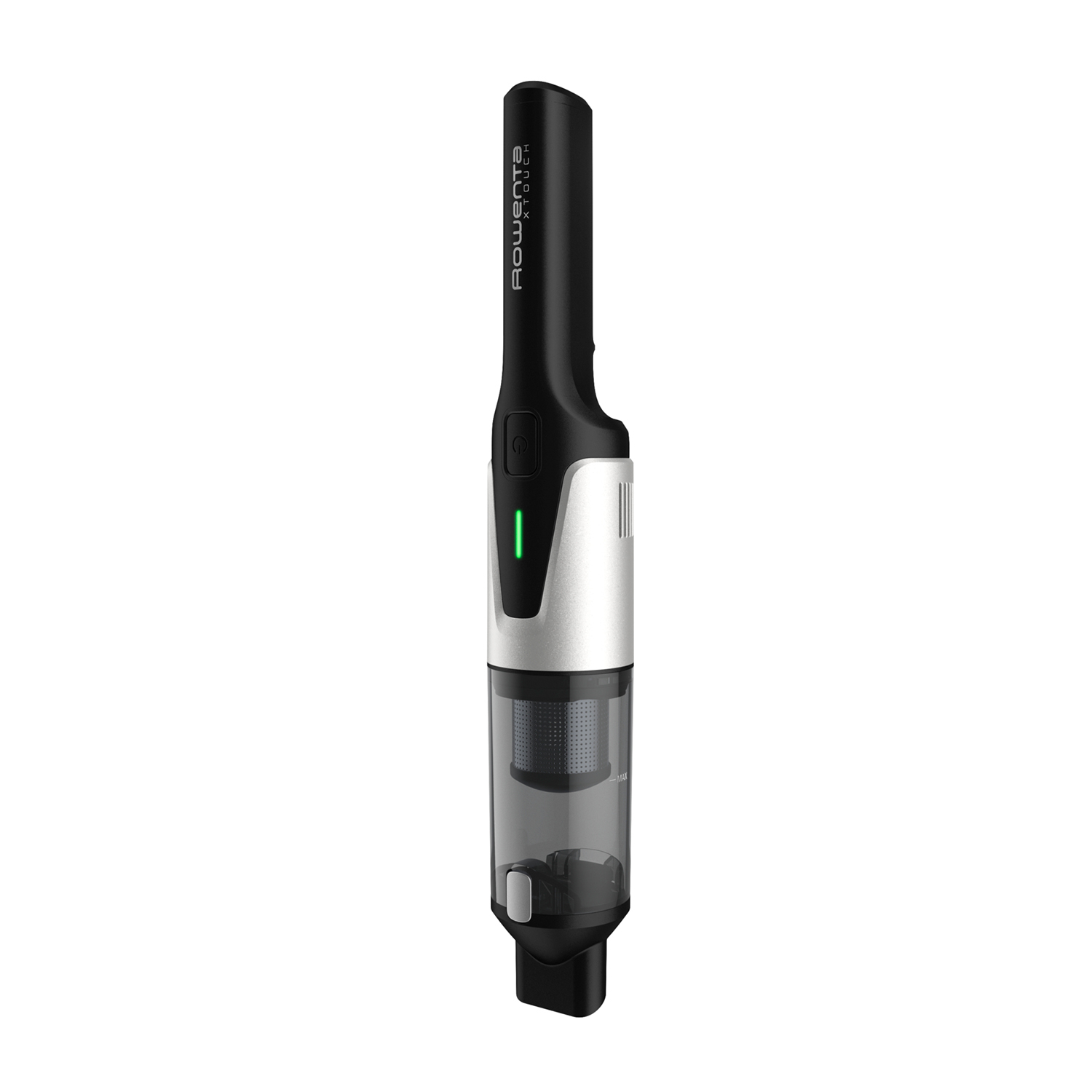 Un aspirapolvere portatile nero e argento. Design sottile con pulsante di accensione.