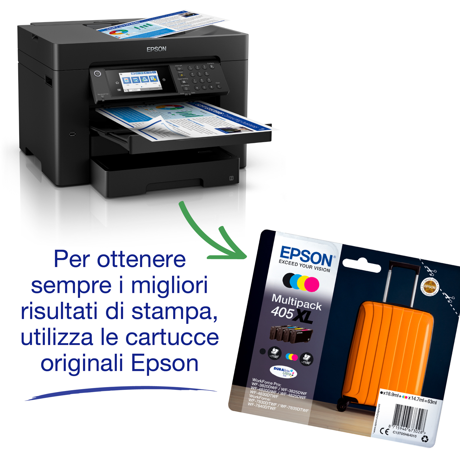 Stampante Epson con fogli stampati, confezione di cartucce d'inchiostro e testo in italiano.