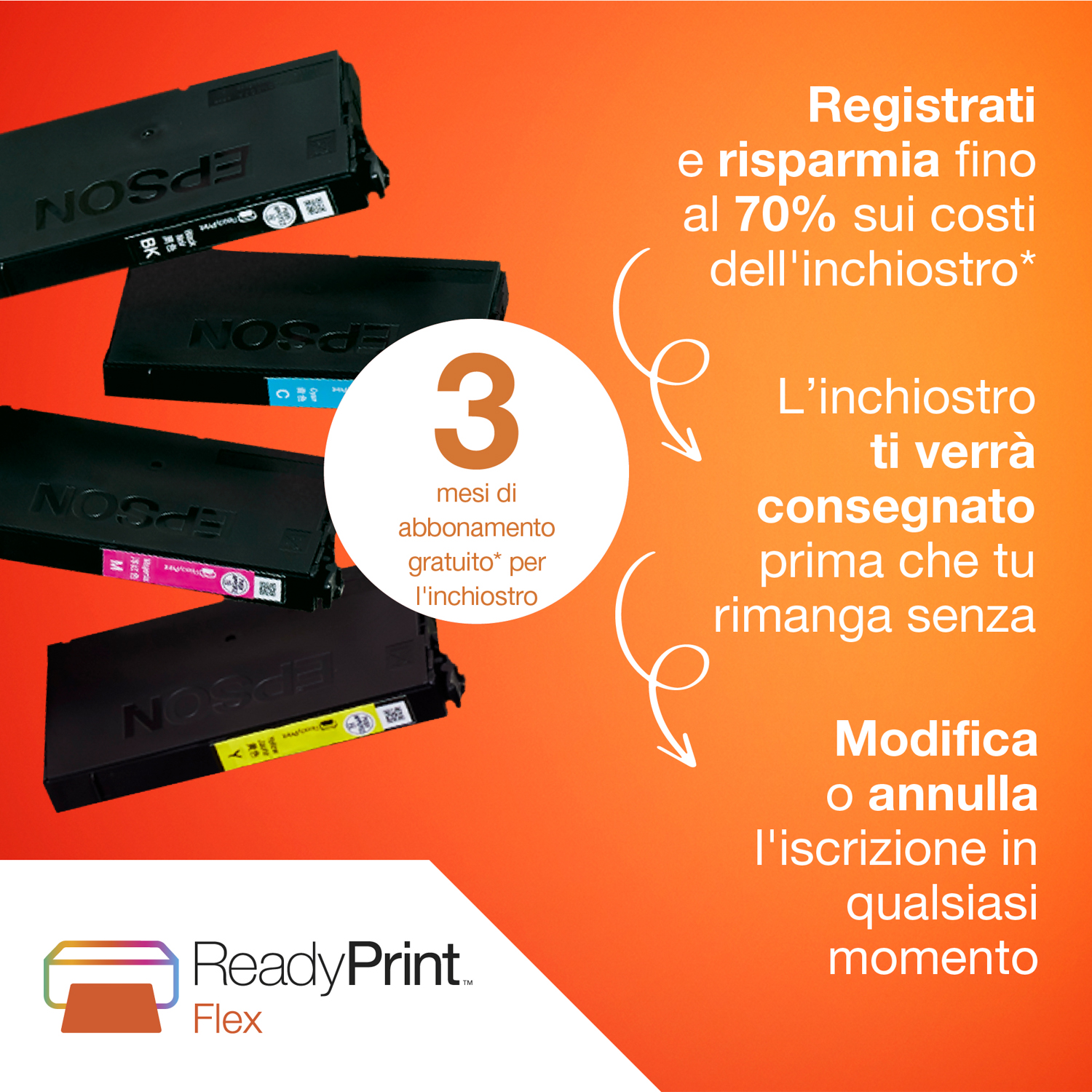 Annuncio ReadyPrint Flex con cartucce d'inchiostro. Testo su risparmi e prova gratuita.