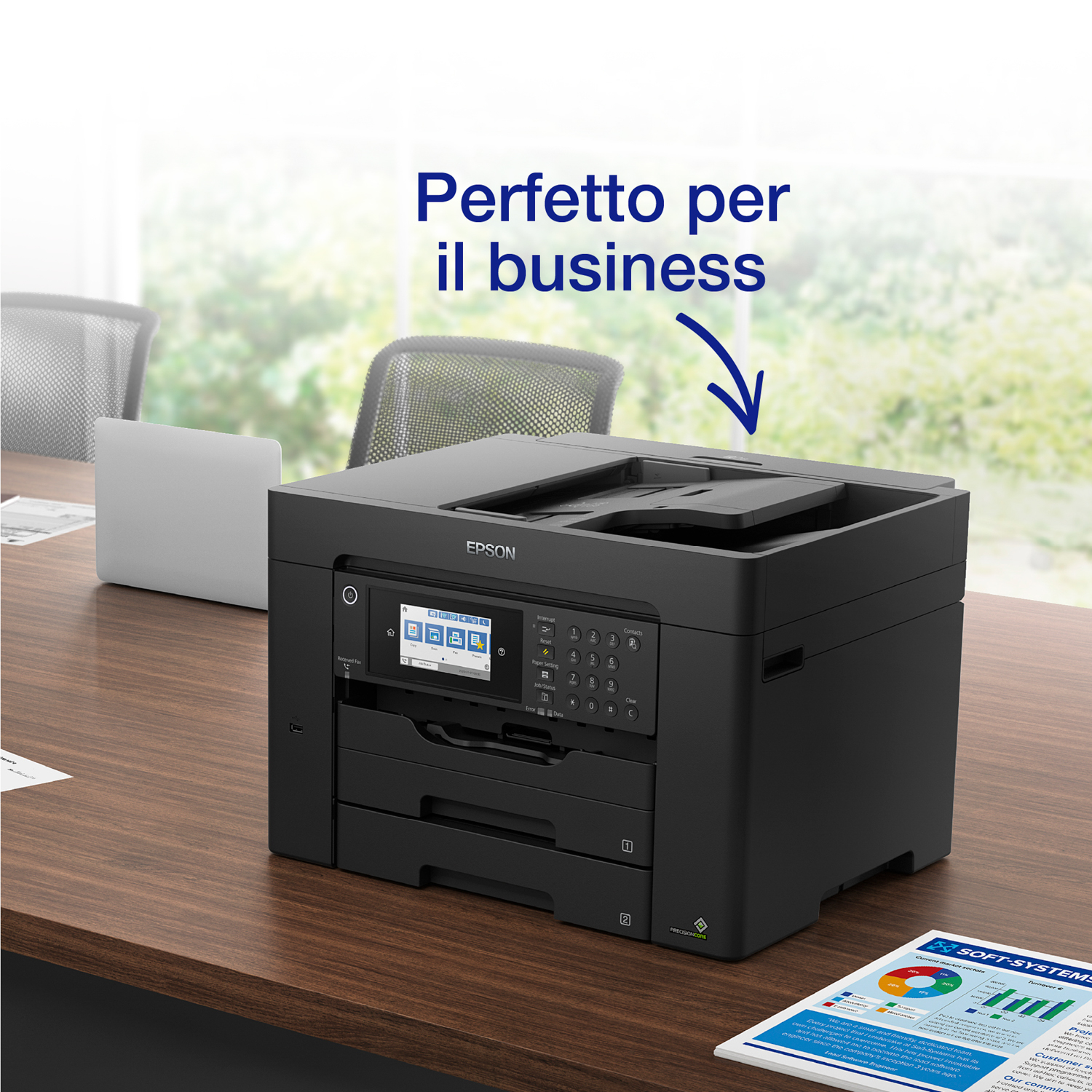 Una stampante Epson su una scrivania di legno. Il testo sopra dice 'Perfetto per il business'.