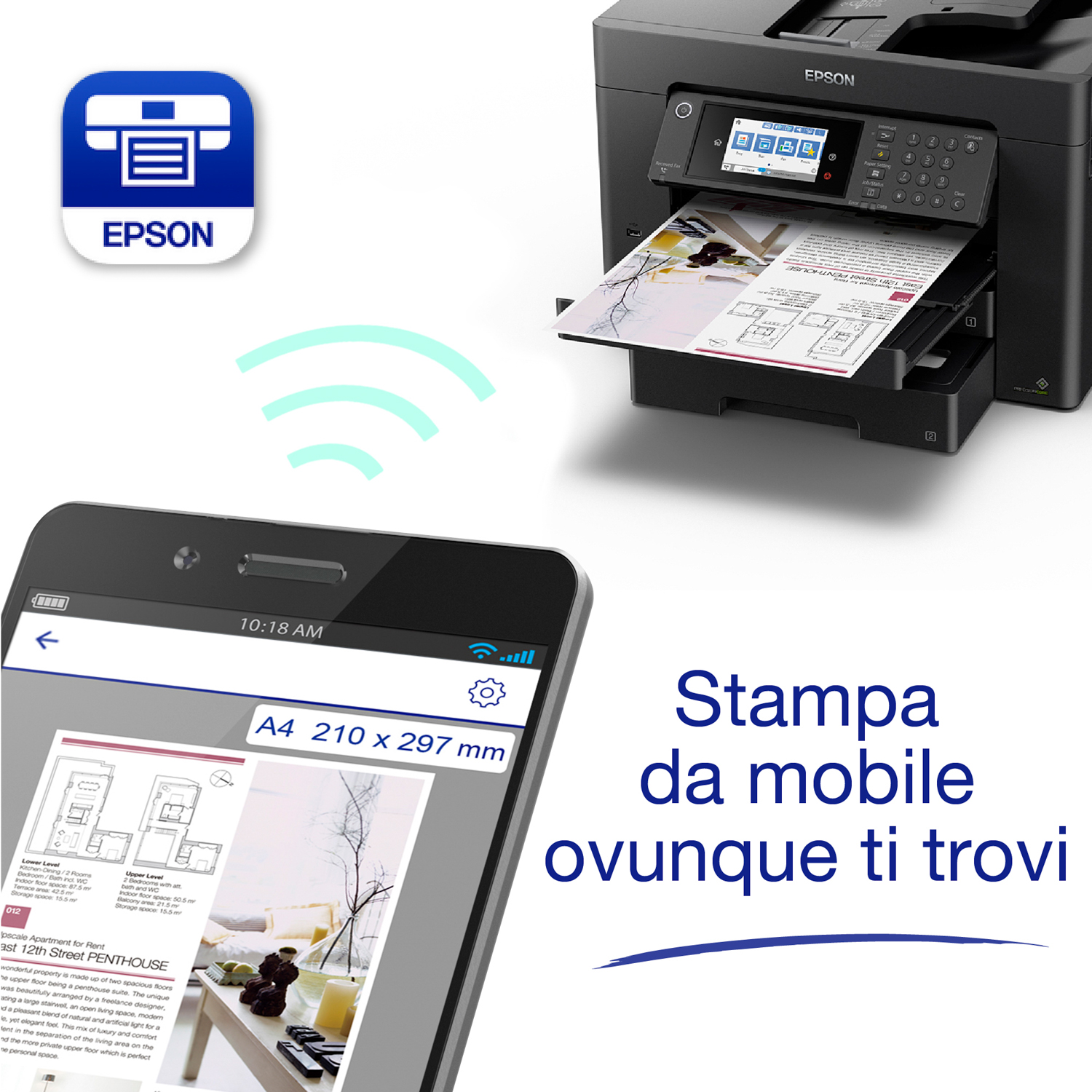 Una stampante, un telefono che mostra un'anteprima di stampa e un documento.