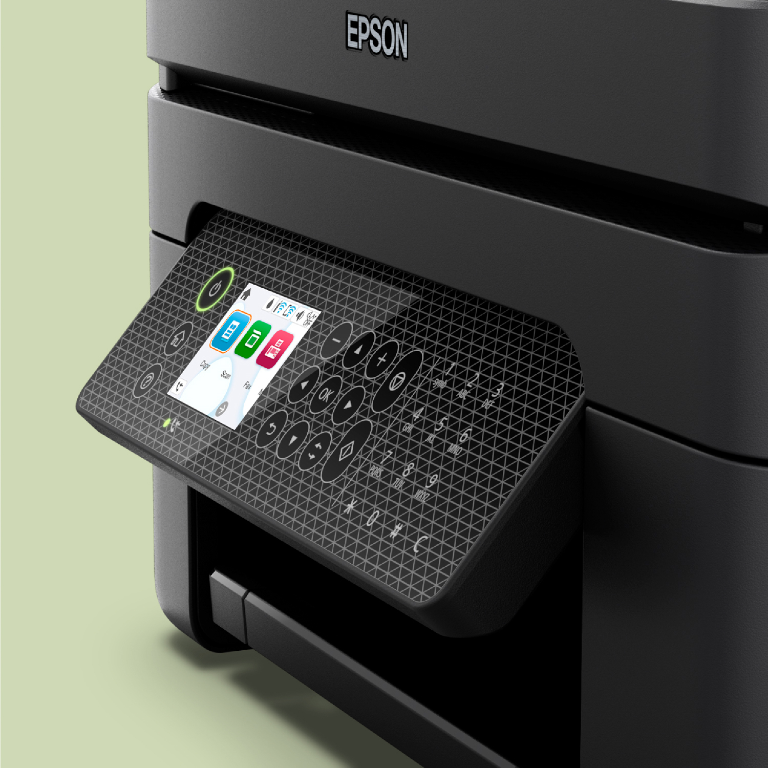 Stampante Epson con pannello di controllo aperto. Pulsanti e schermo sono visibili.