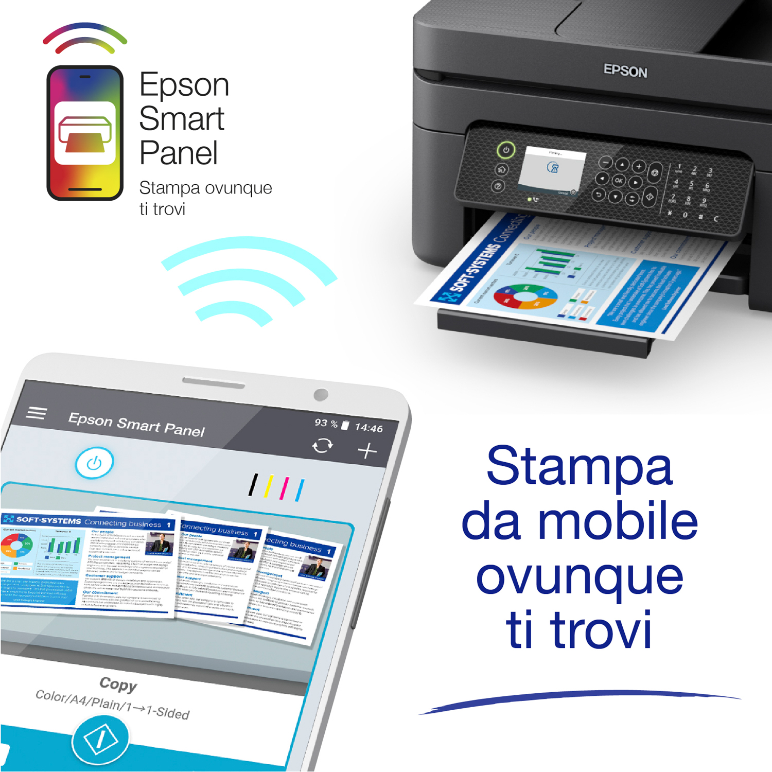Stampante con display smartphone che mostra una stampa.