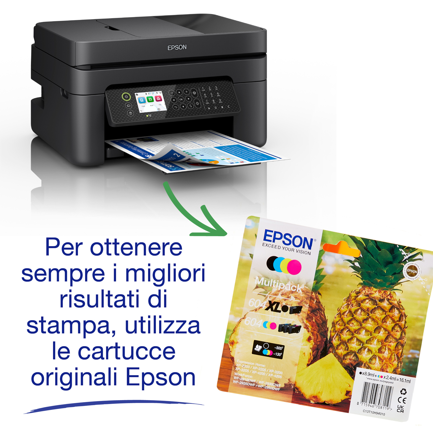 Stampante Epson con cartucce d'inchiostro, che stampa un documento, freccia verde.