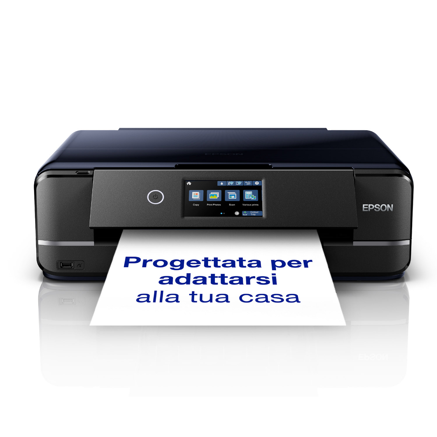 Stampante Epson che stampa un foglio con testo. Design nero. Sfondo bianco. Il testo è in italiano.