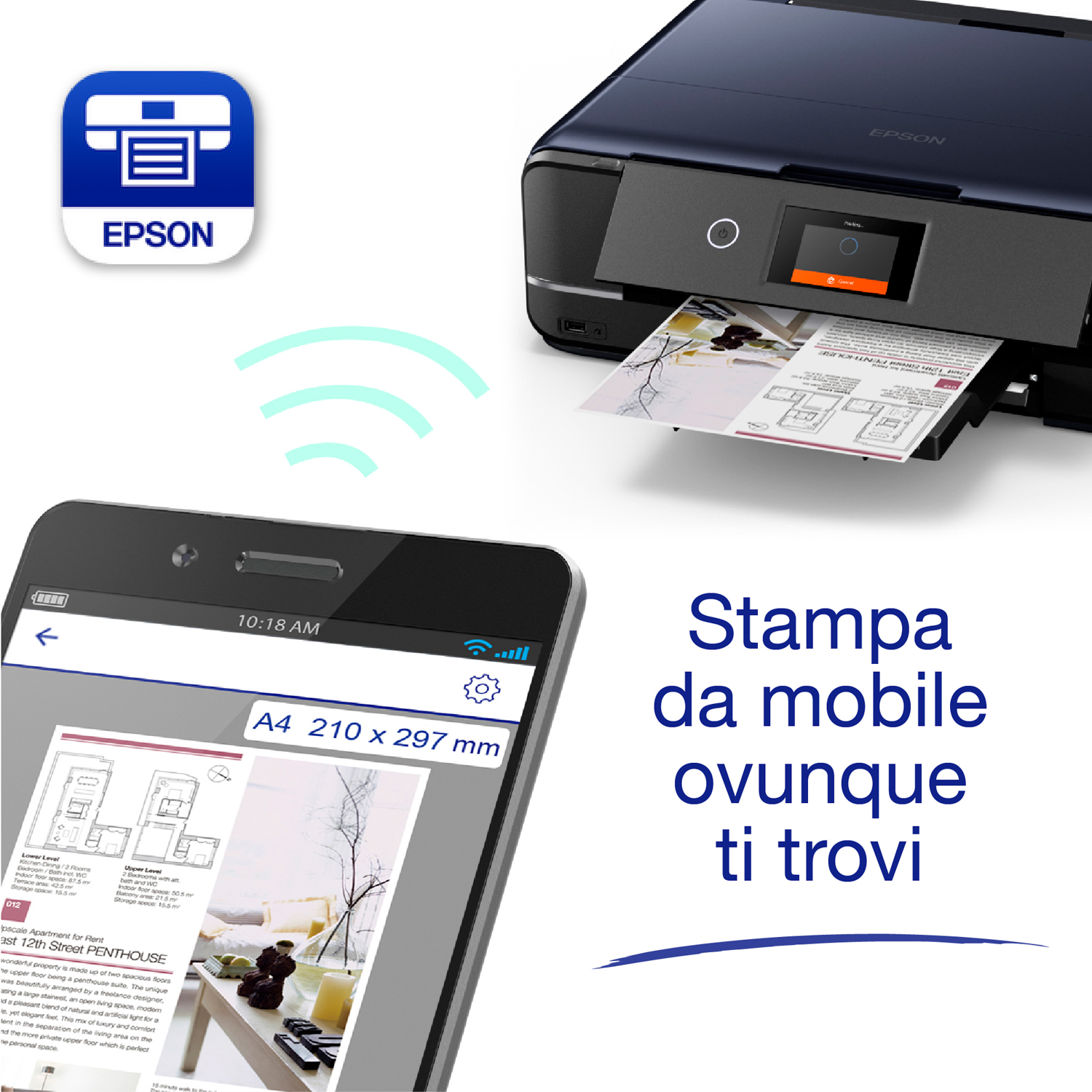 Uno schermo del telefono con un progetto è collegato a una stampante.