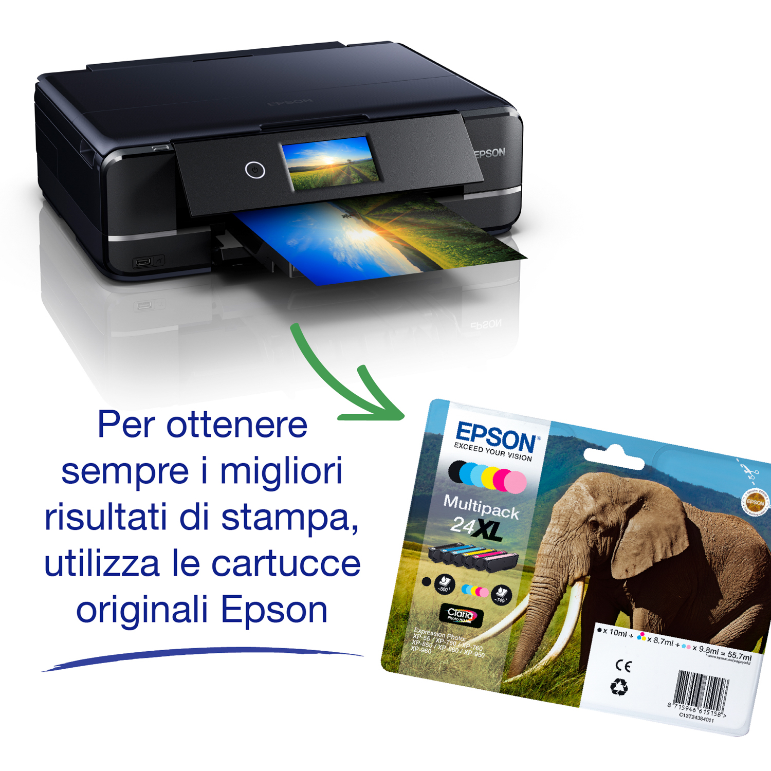 Una stampante Epson stampa una foto, con una confezione di cartucce a destra.