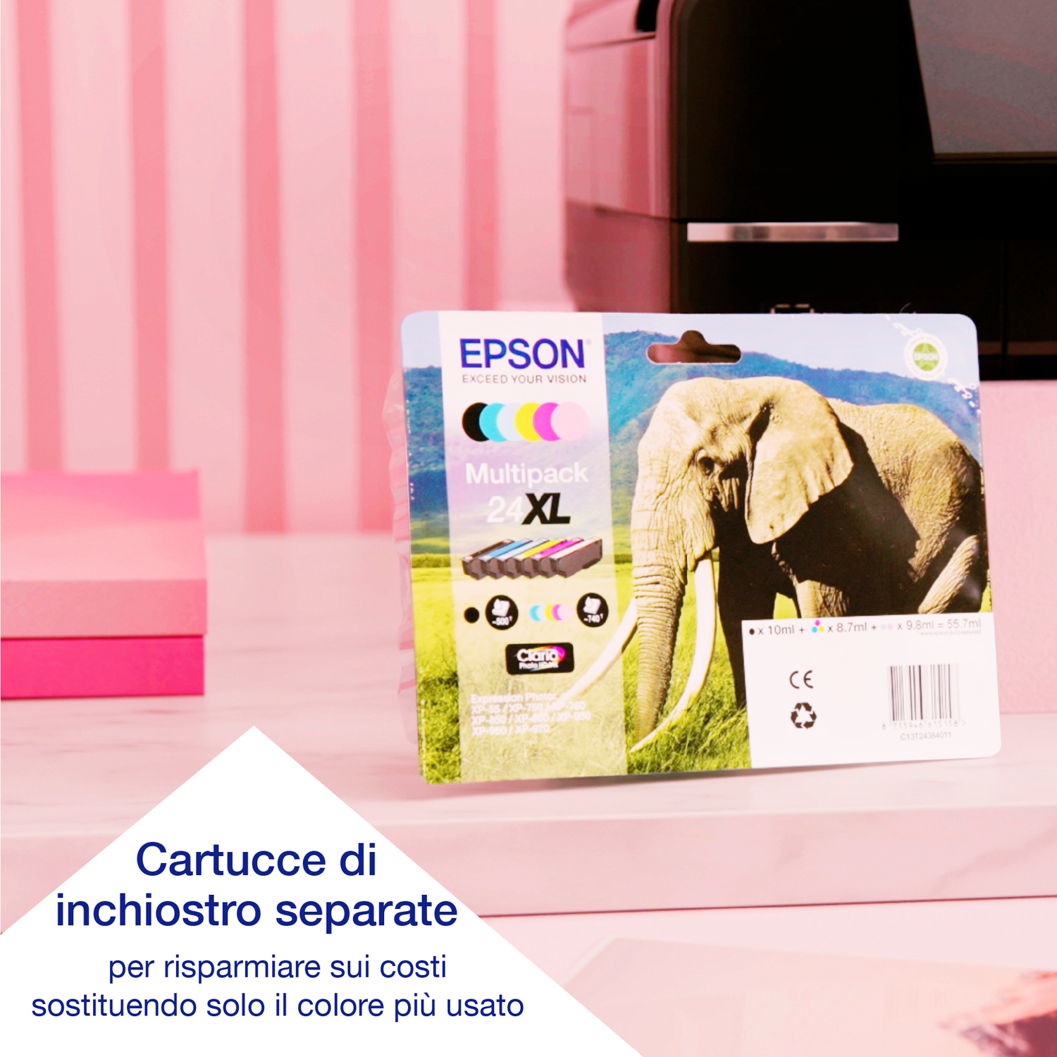 Cartucce d'inchiostro Epson, immagine di elefante. Testo: Cartucce d'inchiostro separate per risparmiare.