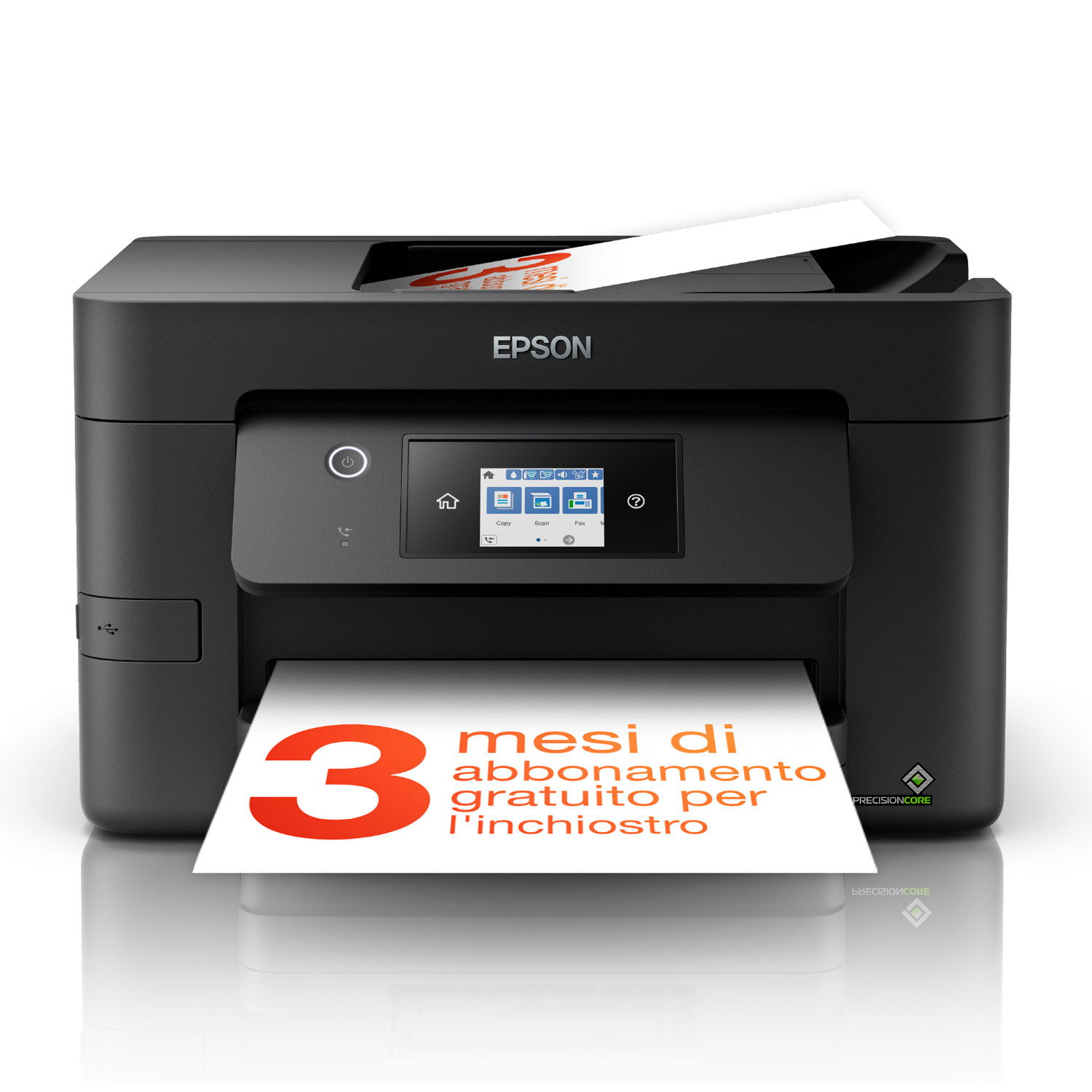 Stampante Epson nera con carta. Testo italiano: 3 mesi di abbonamento inchiostro gratuito.