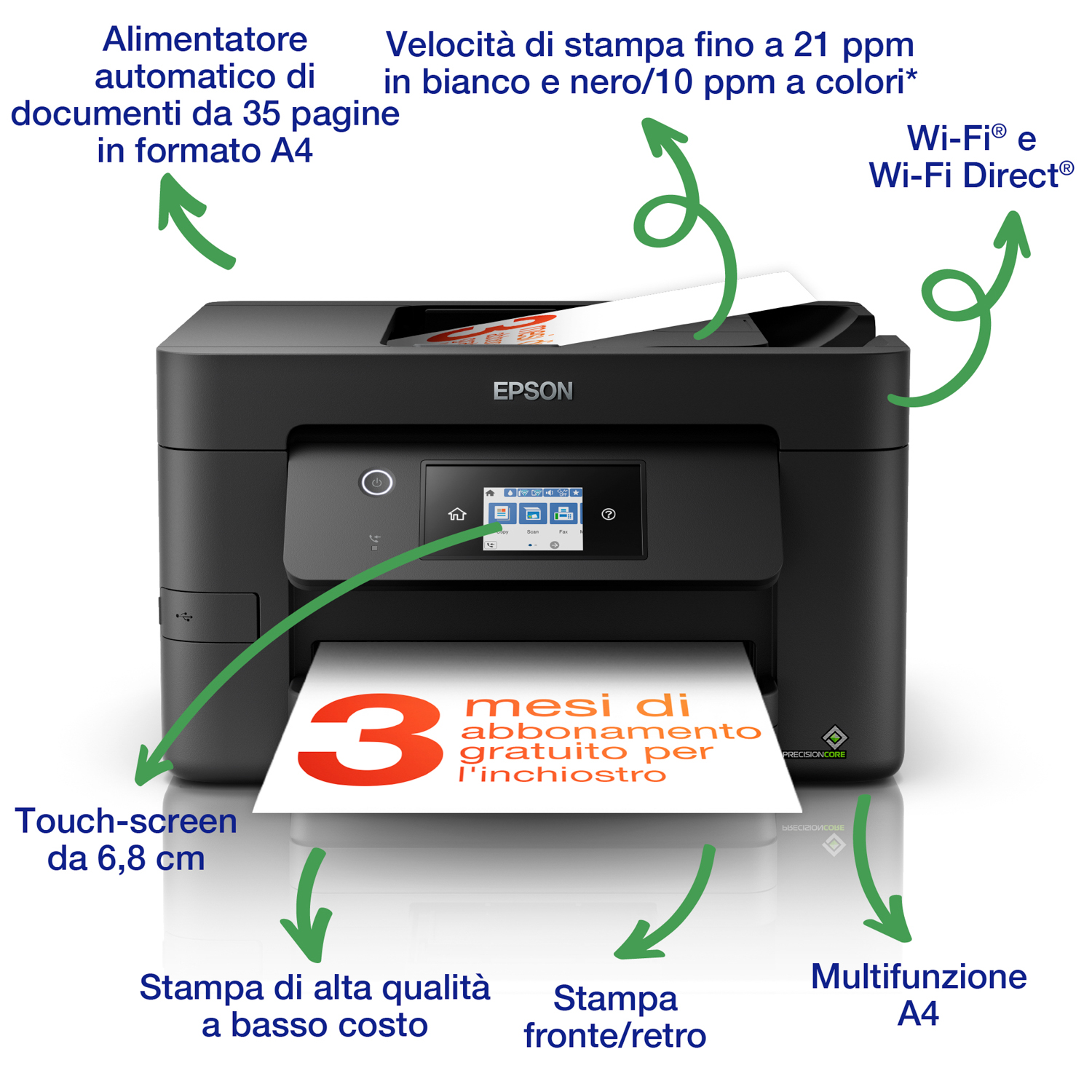 Stampante Epson nera con etichette. Mostra funzioni come A4, Wi-Fi e touchscreen.