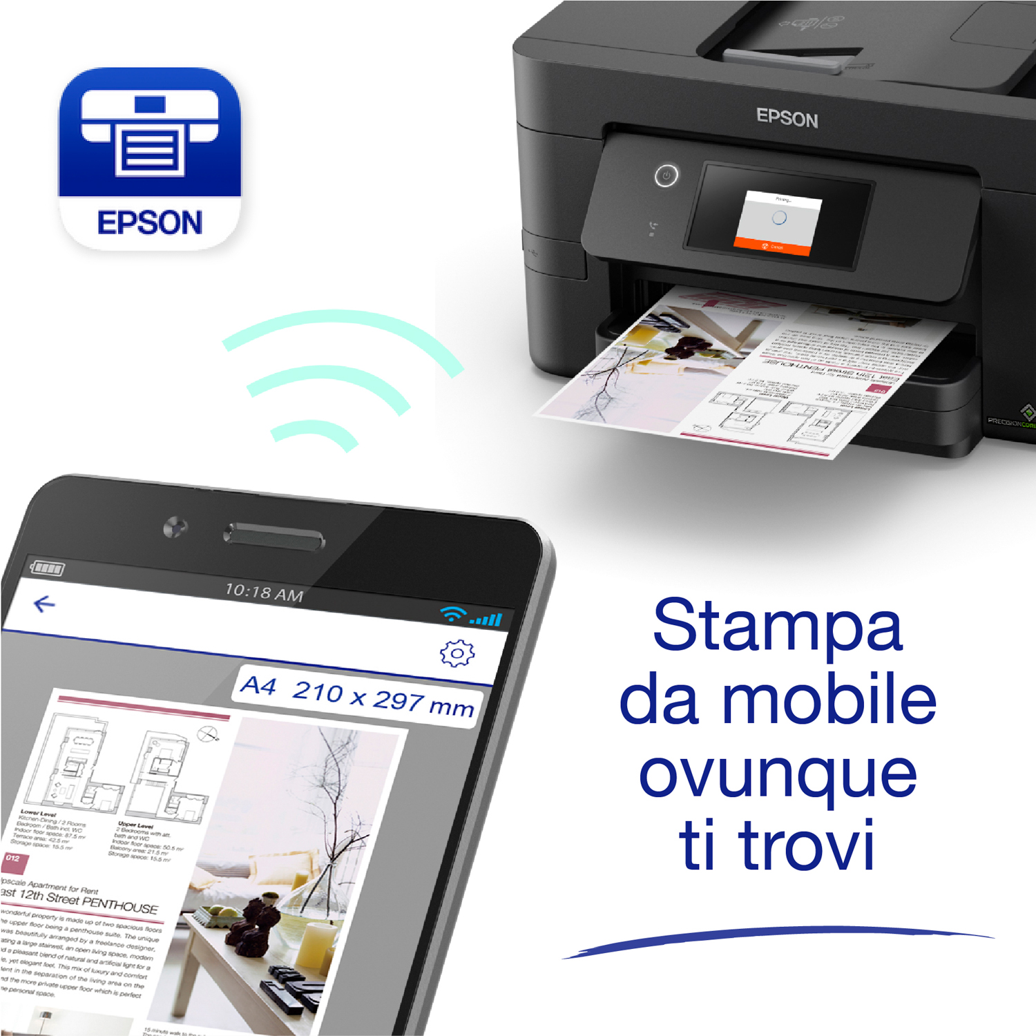 Stampante che stampa un documento, con uno smartphone che mostra lo stesso documento. Loghi Epson e stampa mobile.