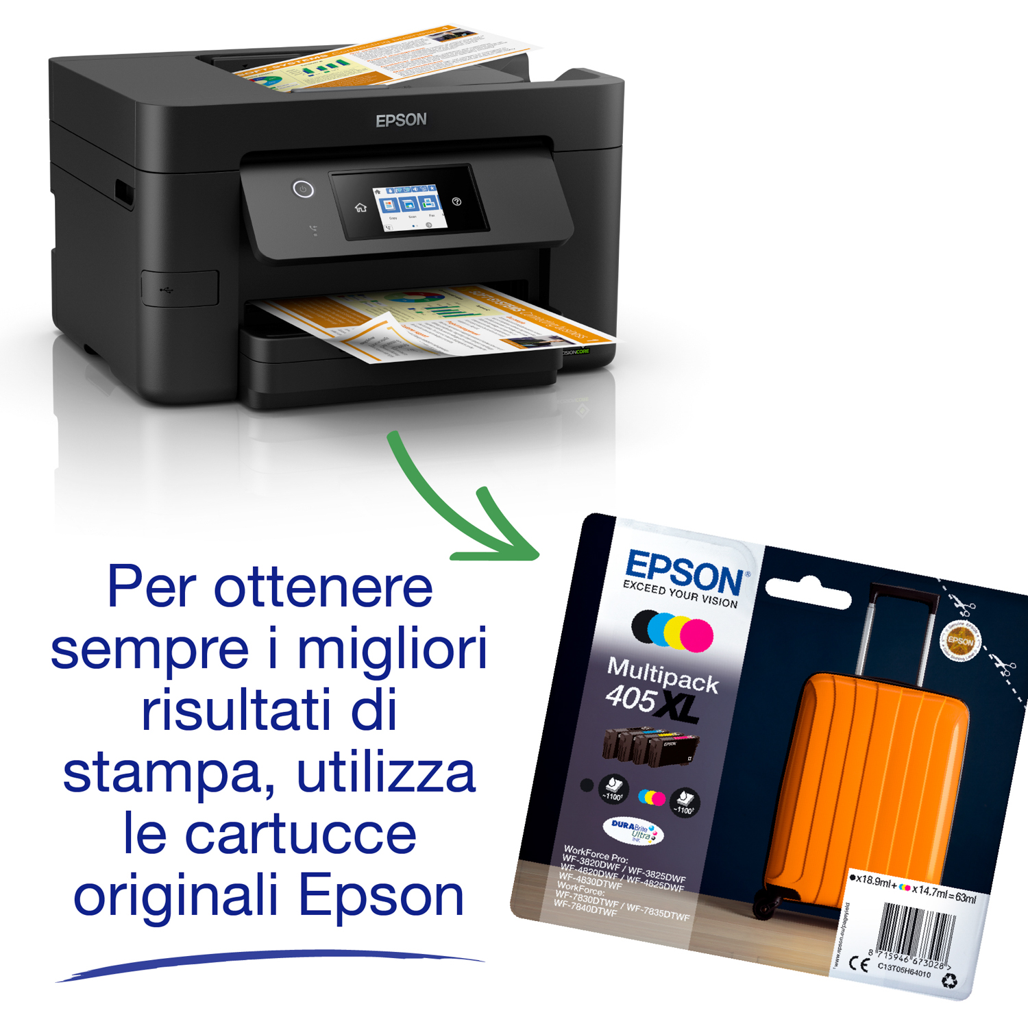 Stampante Epson con cartucce d'inchiostro, stampa, con una freccia verde.