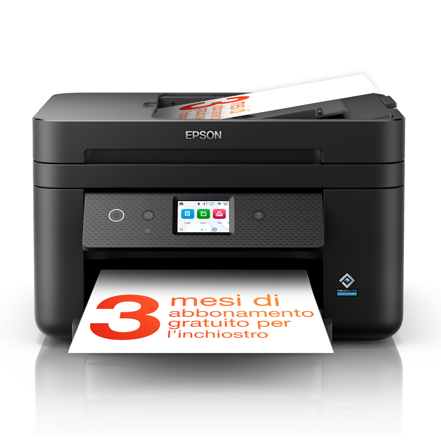 Stampante Epson nera con carta che emette un messaggio promozionale.