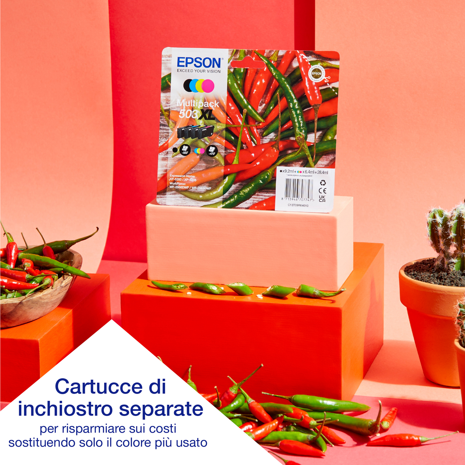 Confezione di cartucce di inchiostro Epson con peperoncini rossi e un cactus. Il testo è in italiano.