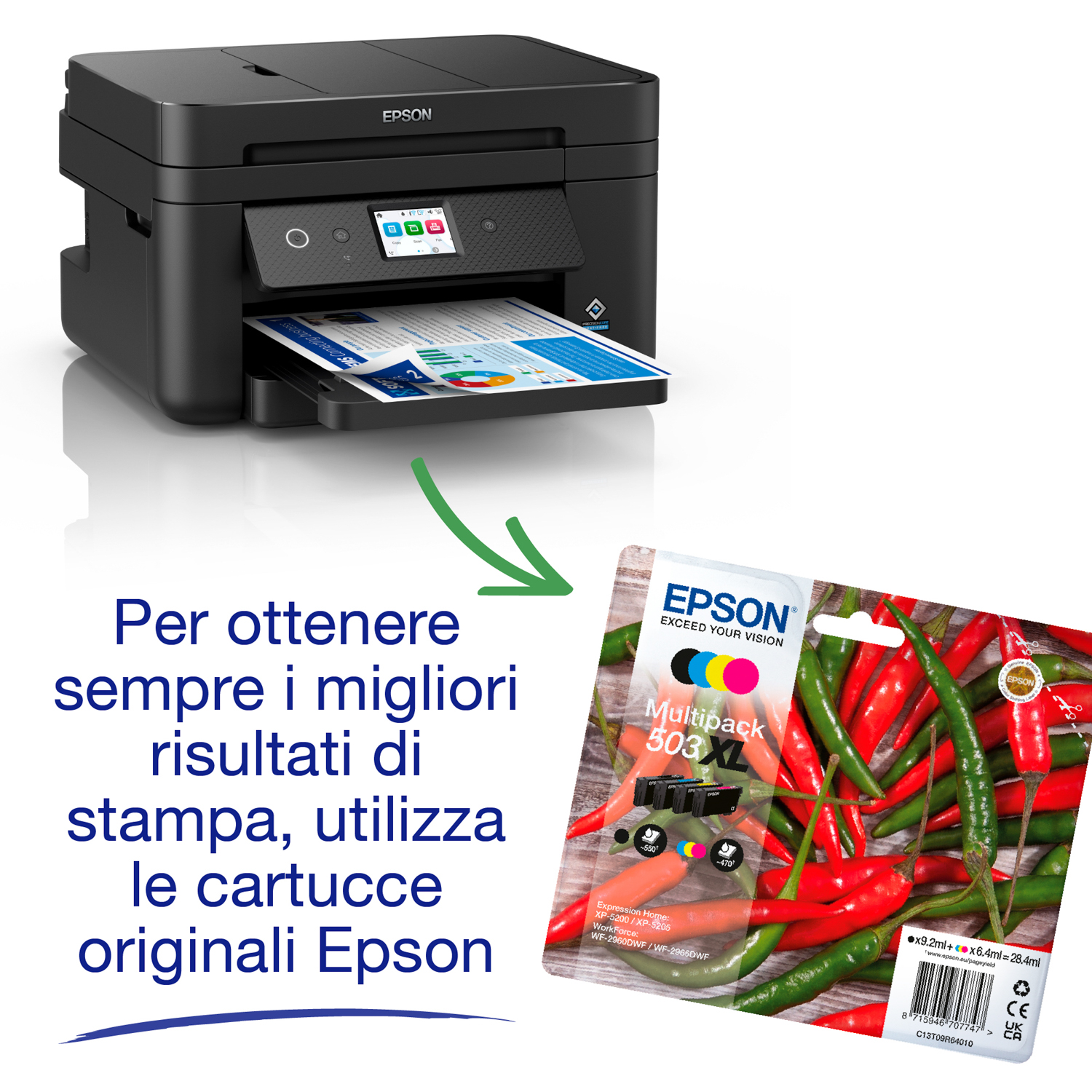 Stampante Epson nera con vassoio. Una freccia verde indica una confezione di cartucce Epson 503XL.