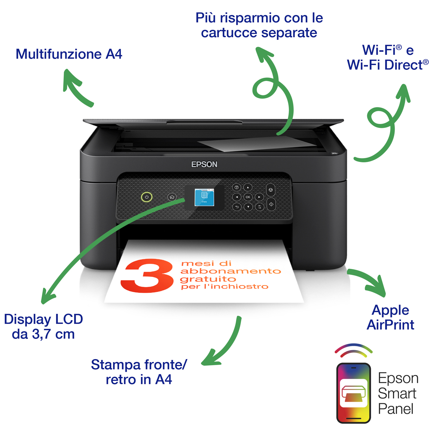 Stampante Epson con frecce che indicano le funzioni: LCD, stampa, Wi-Fi e Apple AirPrint.