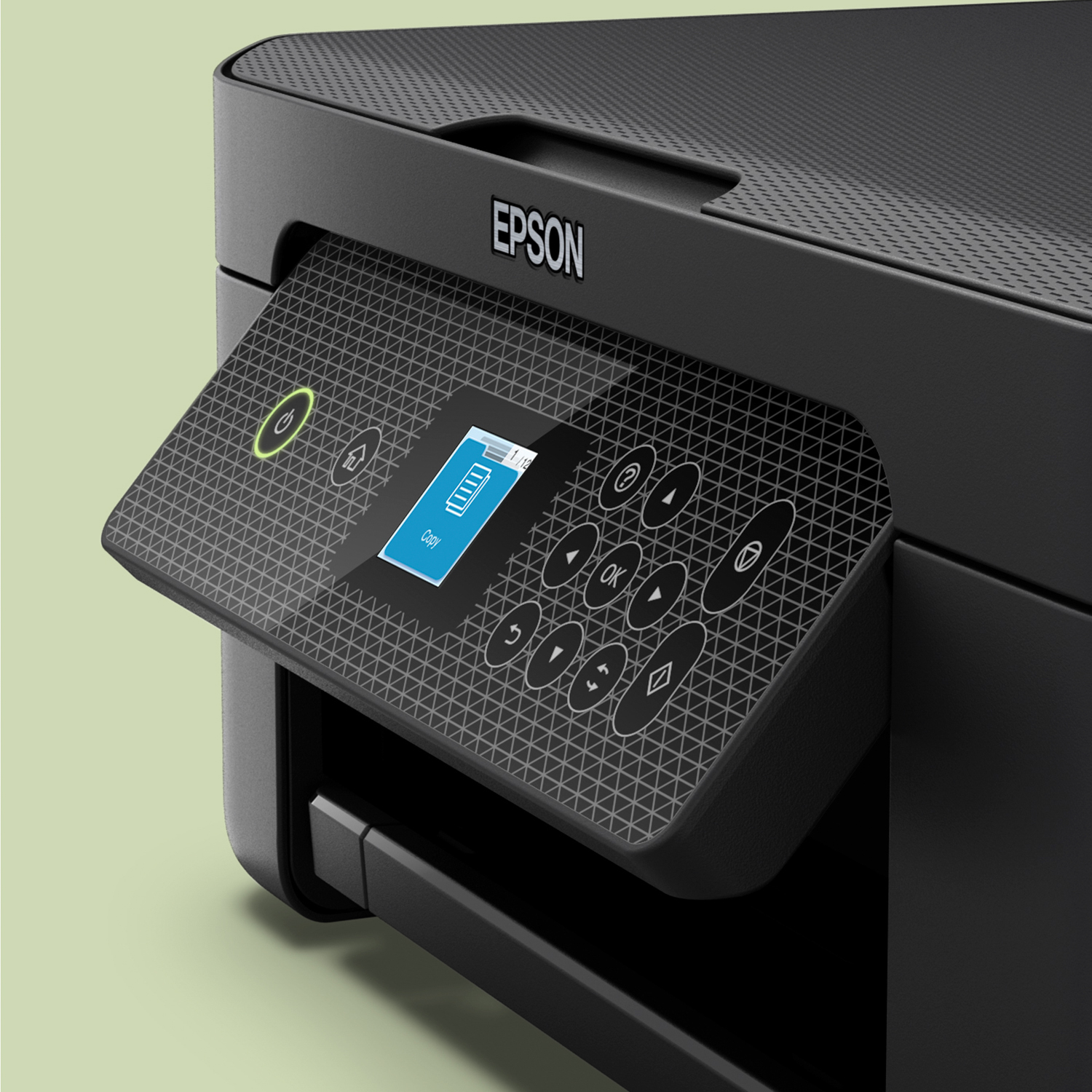 Primo piano del pannello di controllo di una stampante Epson nera con schermo e pulsanti funzione.