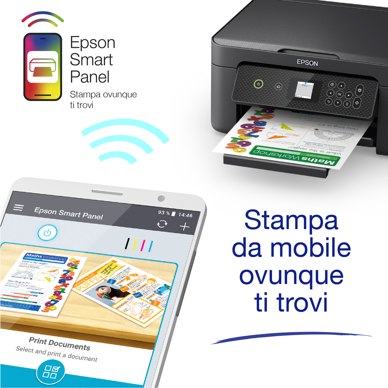 Stampante Epson con smartphone, che mostra le opzioni di stampa, testo: "Stampa da mobile".
