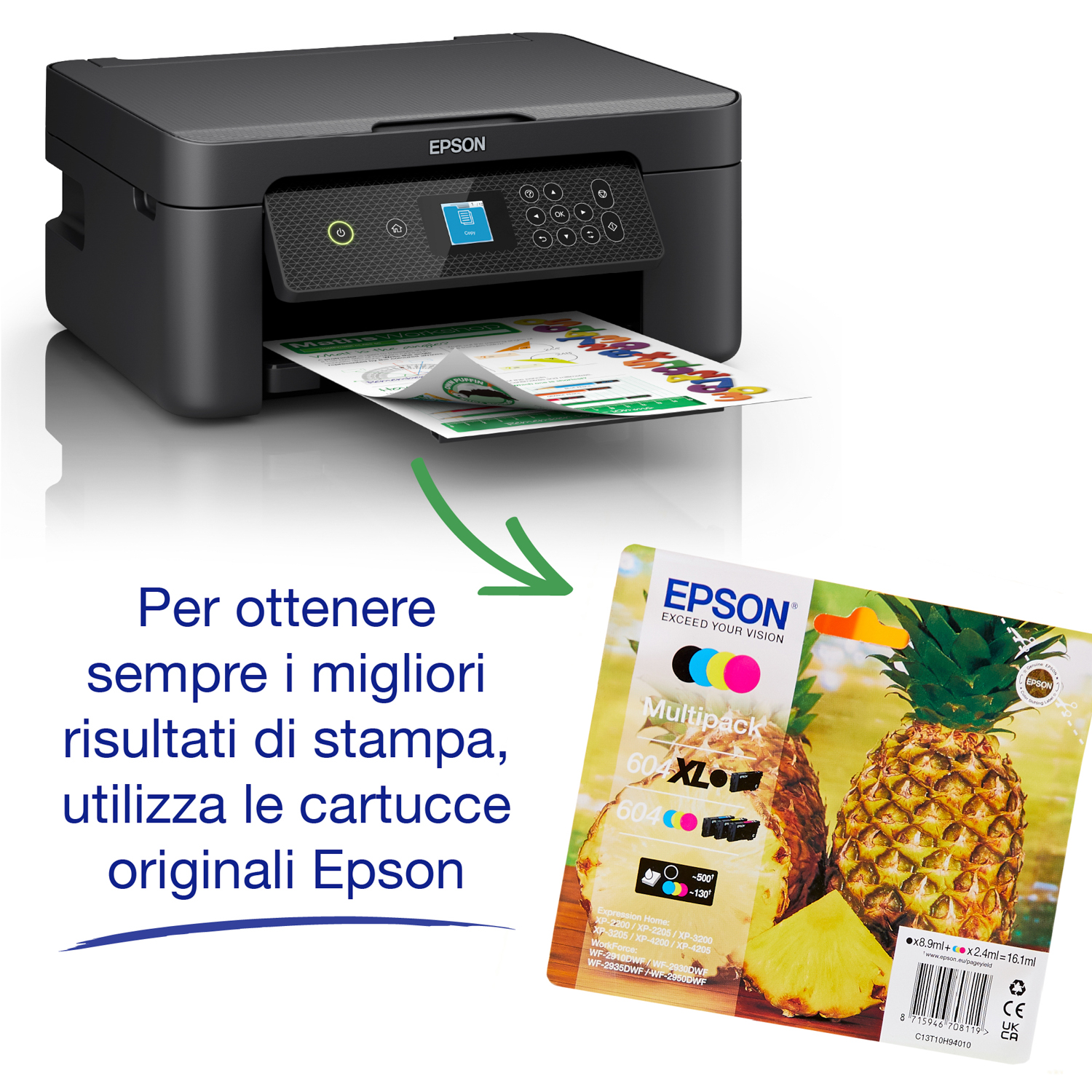Una stampante con una cartuccia e una cartuccia d'inchiostro a tema ananas.