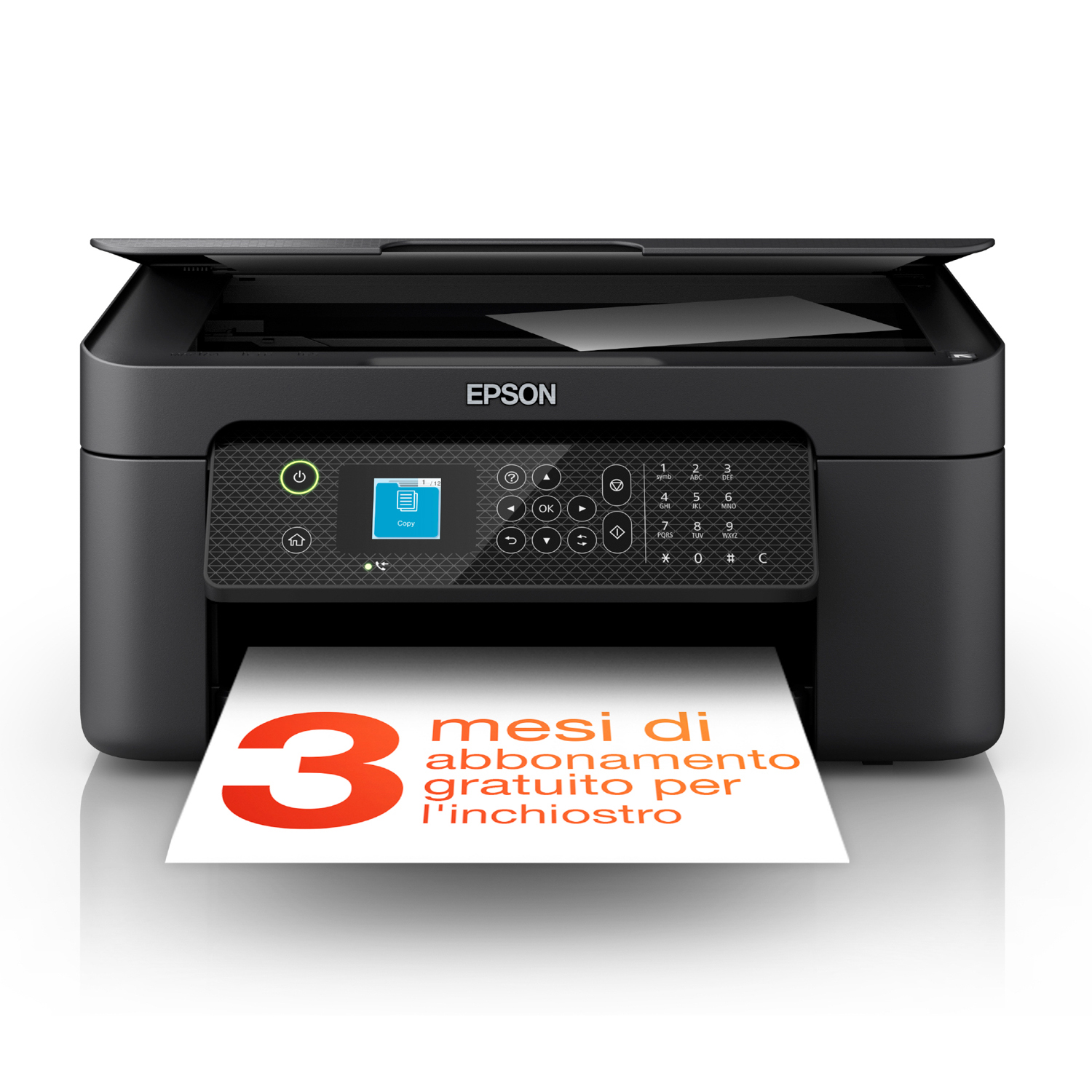 Stampante Epson nera con offerta di abbonamento inchiostro gratuito per 3 mesi.
