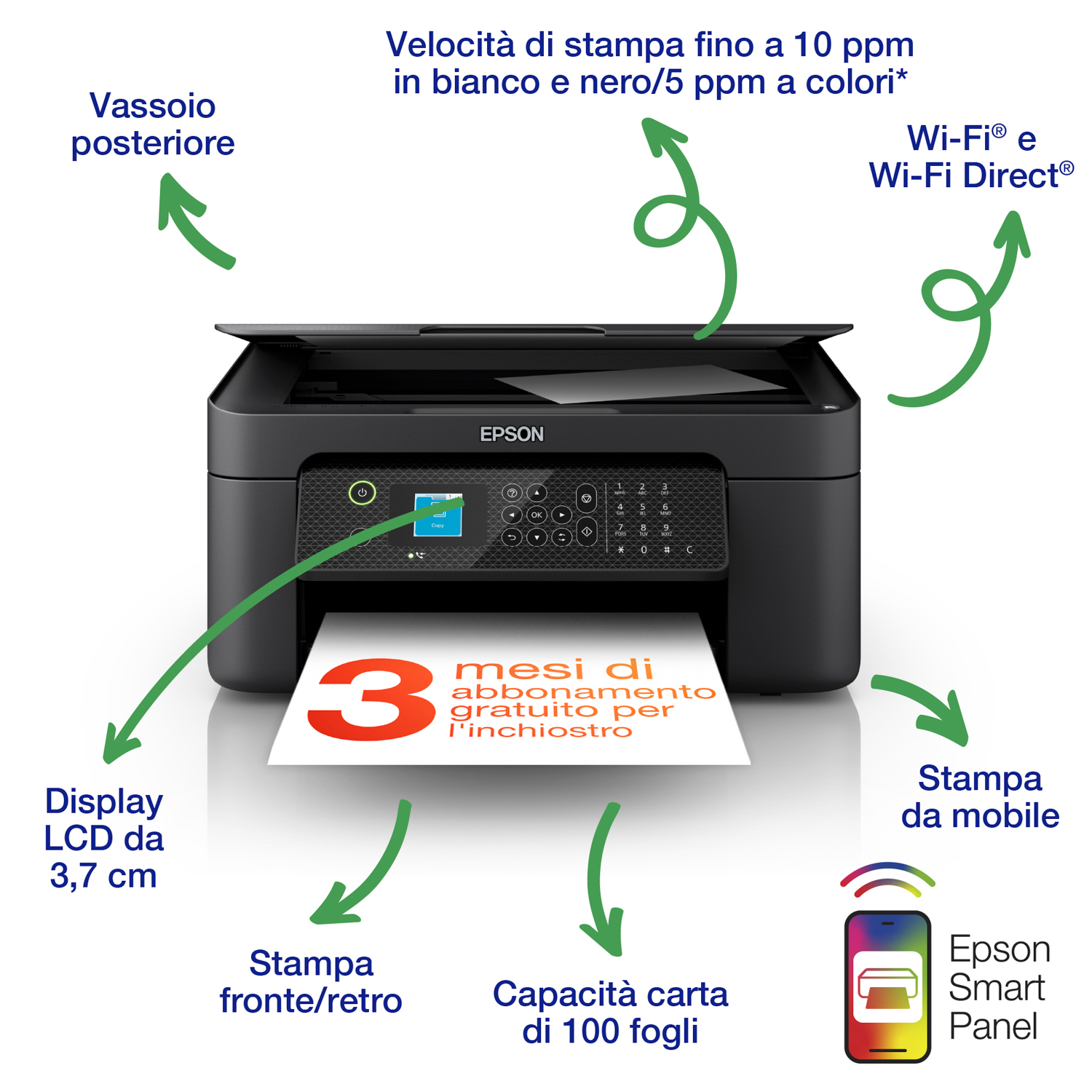 Stampante Epson nera con un documento dentro e testo italiano.