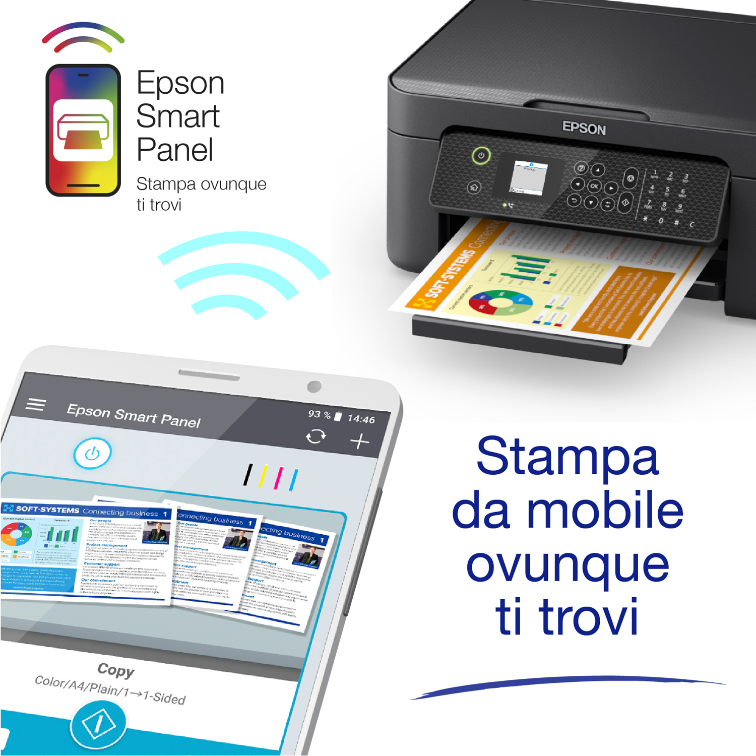 Stampante Epson che stampa un documento. Un telefono mostra l'Epson Smart Panel.