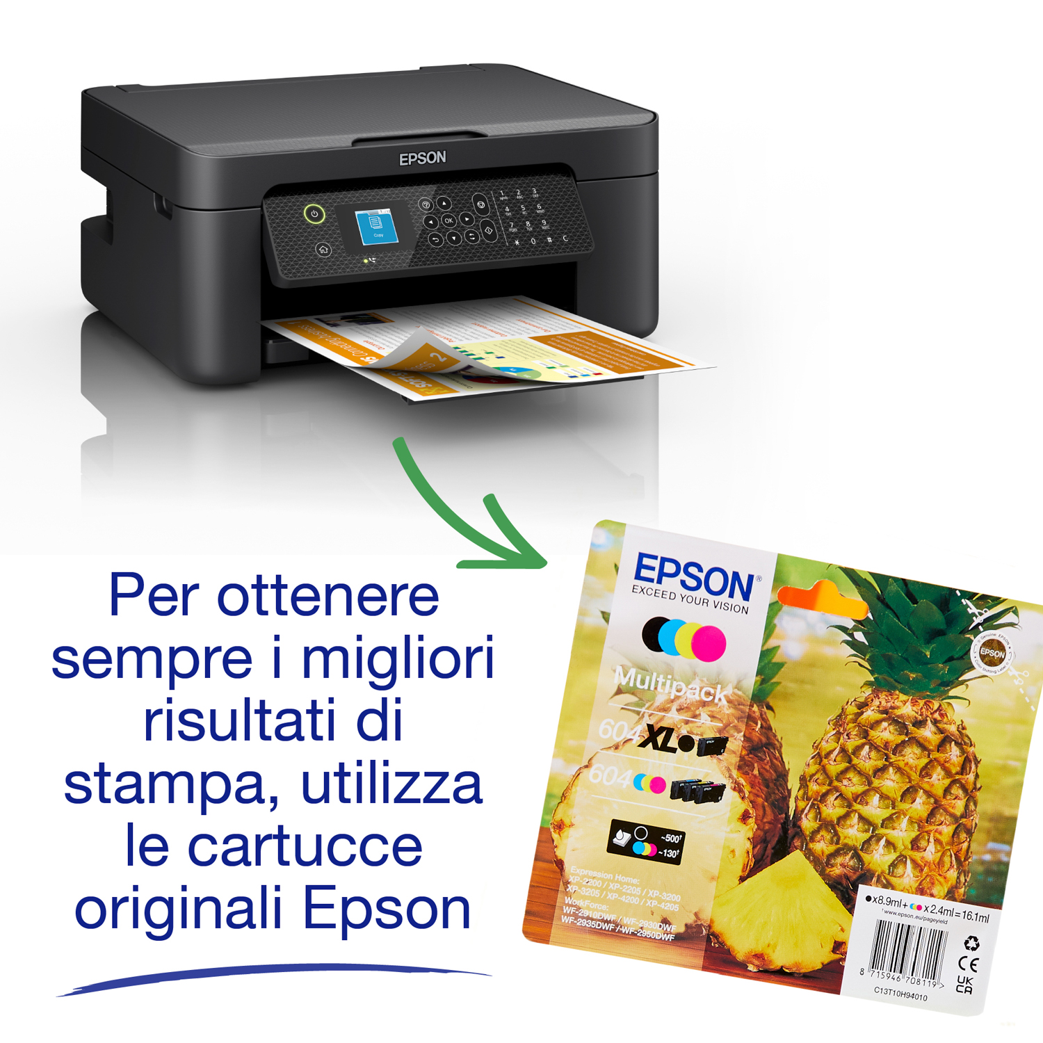 Una stampante e una confezione di cartucce d'inchiostro. Le cartucce sono gialle, ciano, magenta e nere.