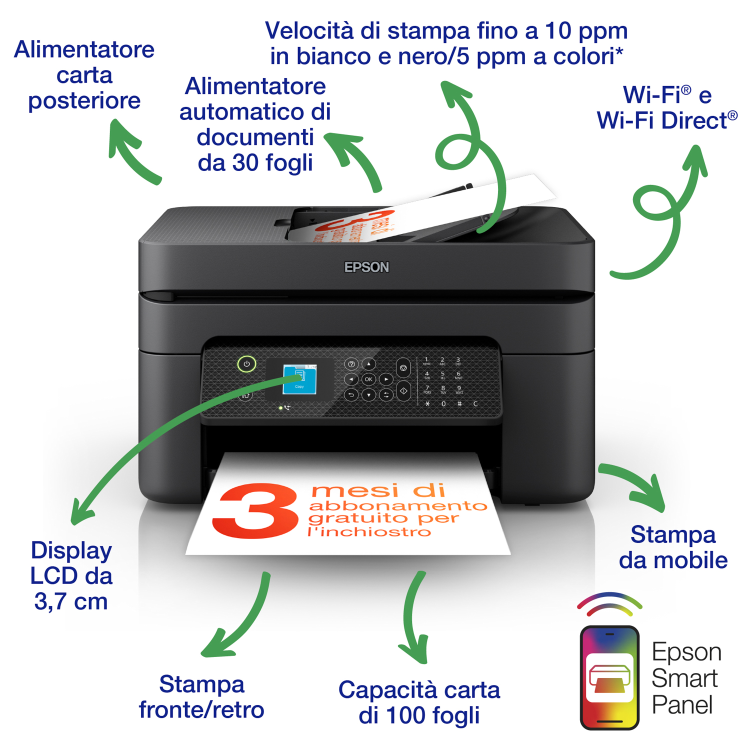 Stampante Epson nera con frecce alle funzioni. Testo con capacità carta e LCD.